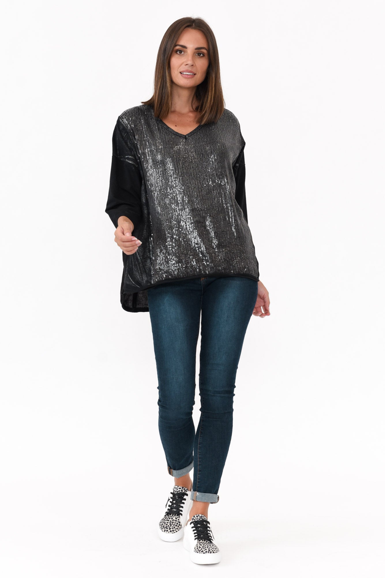 Willard Black Cotton Sequin Top