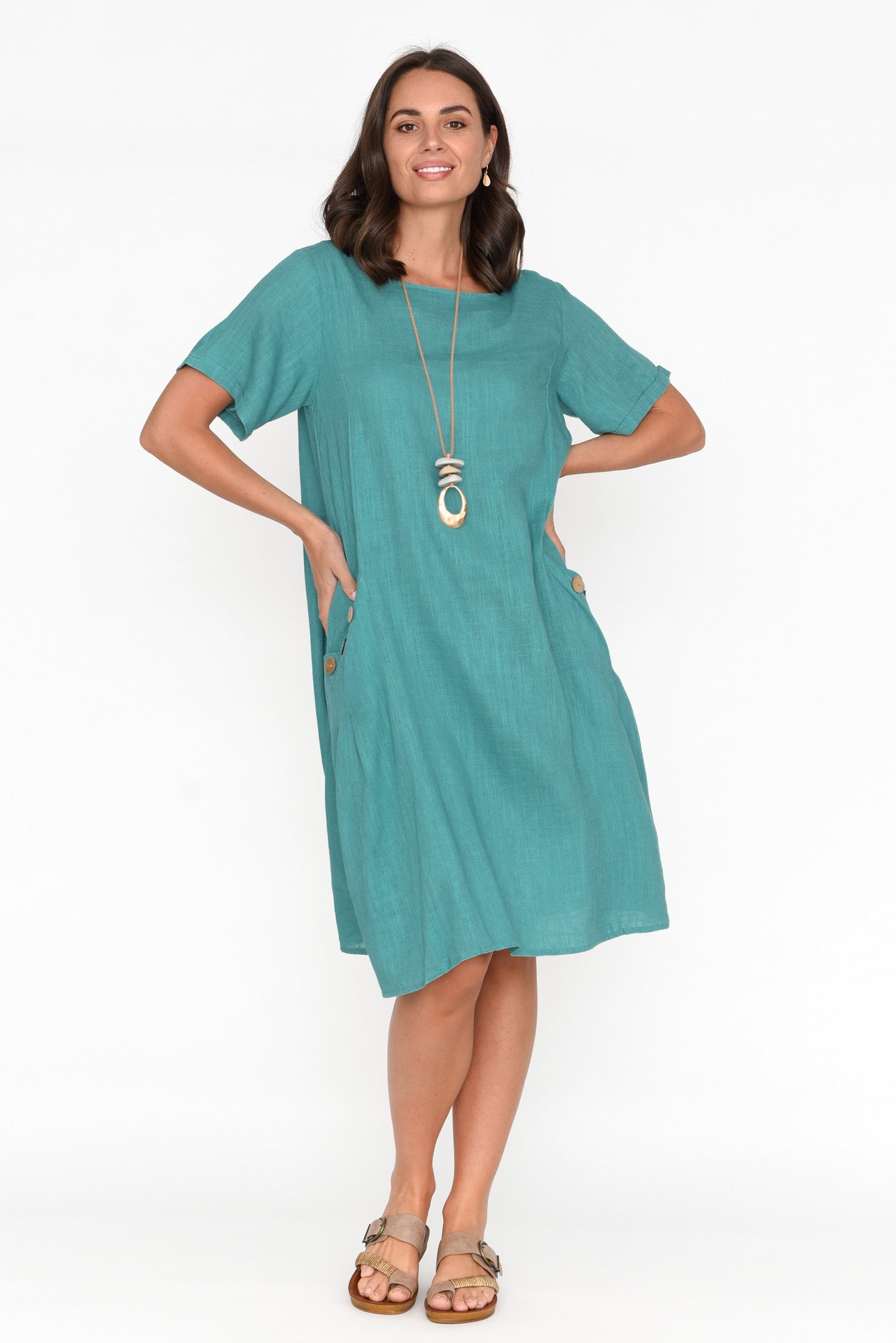 Tyreke Teal Linen Cotton Pocket Dress