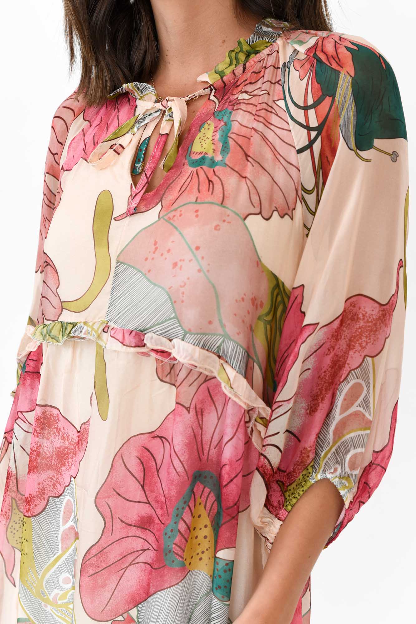 Maribel Pink Flower Silk Dress