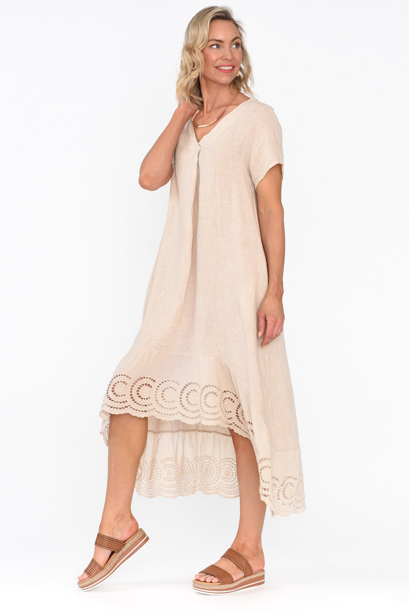 Ravella Beige Linen V Neck Dress