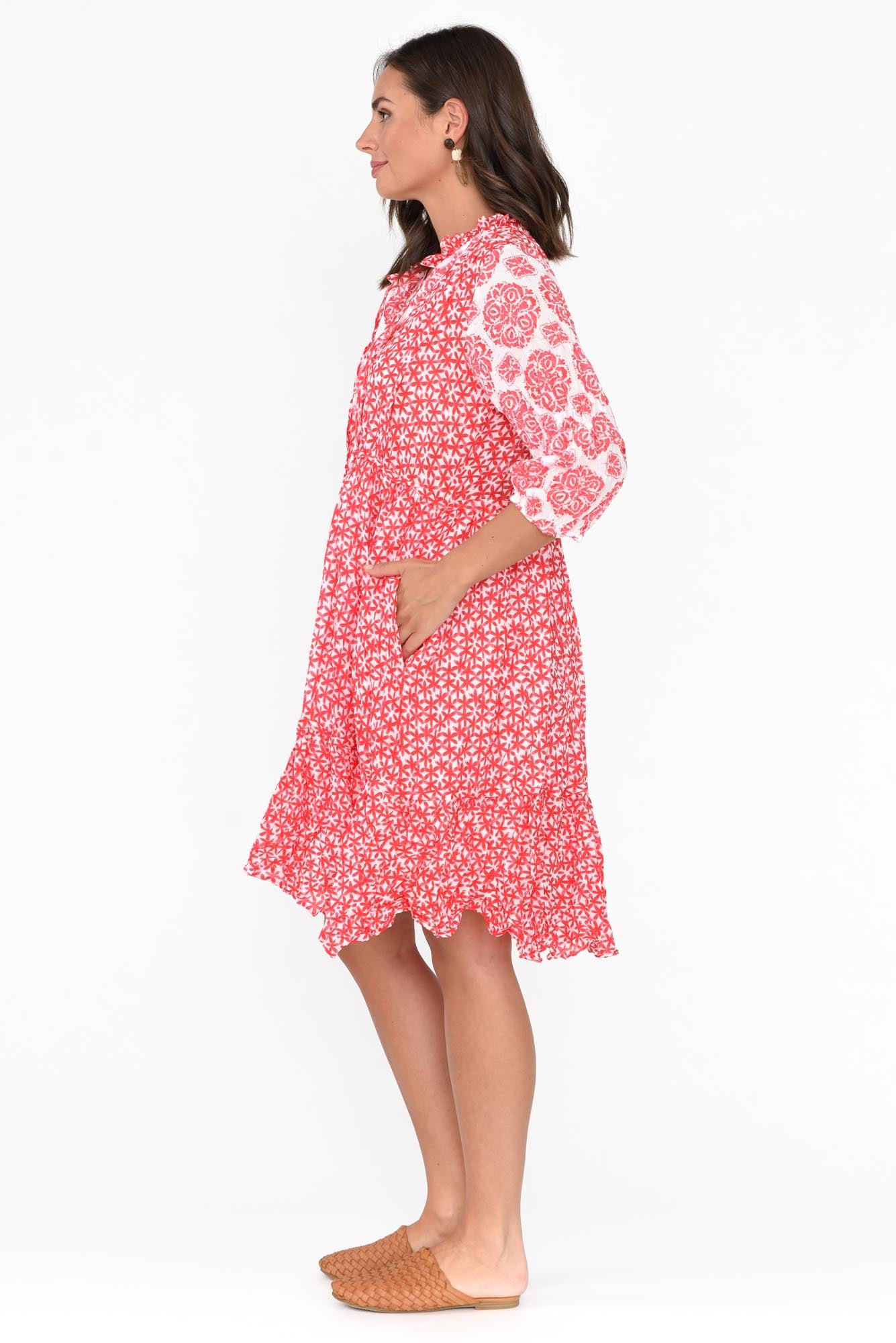 Oakwood Red Flower Cotton Puff Sleeve Dress