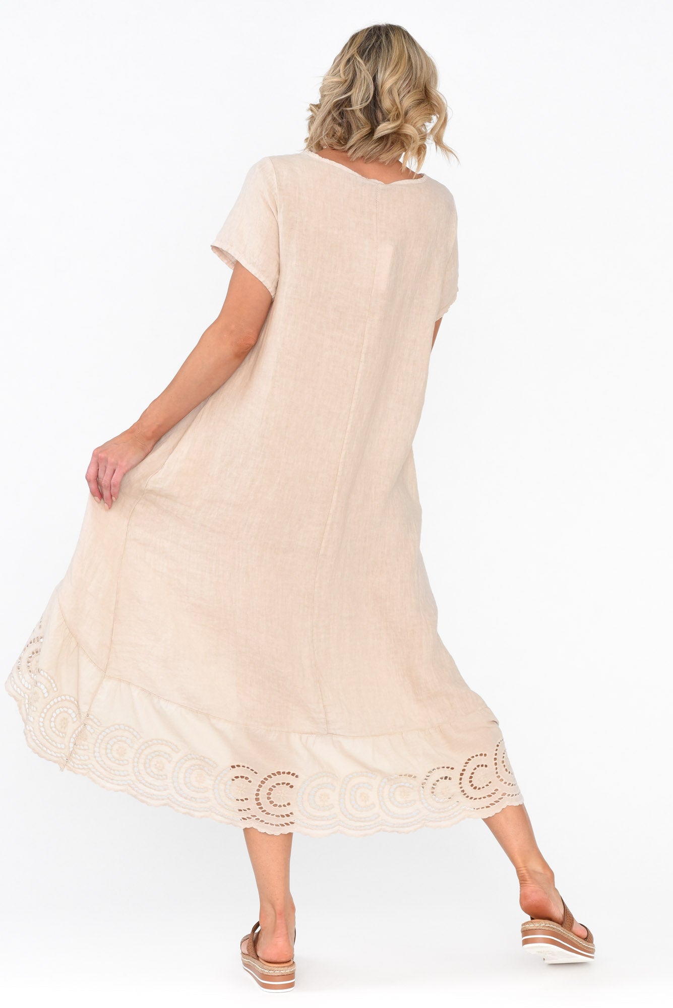 Ravella Beige Linen V Neck Dress