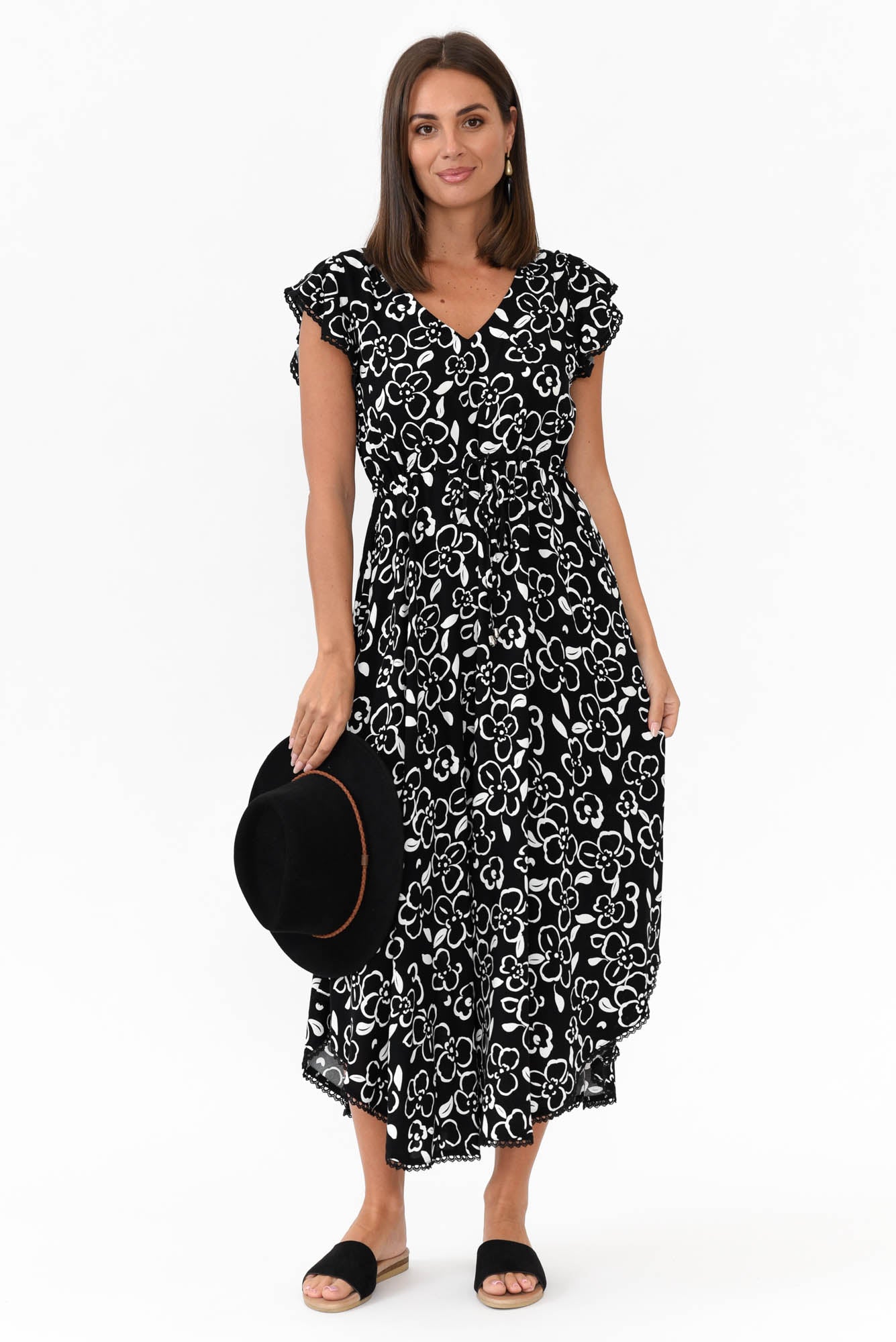 Libby Black Flower Midi Dress