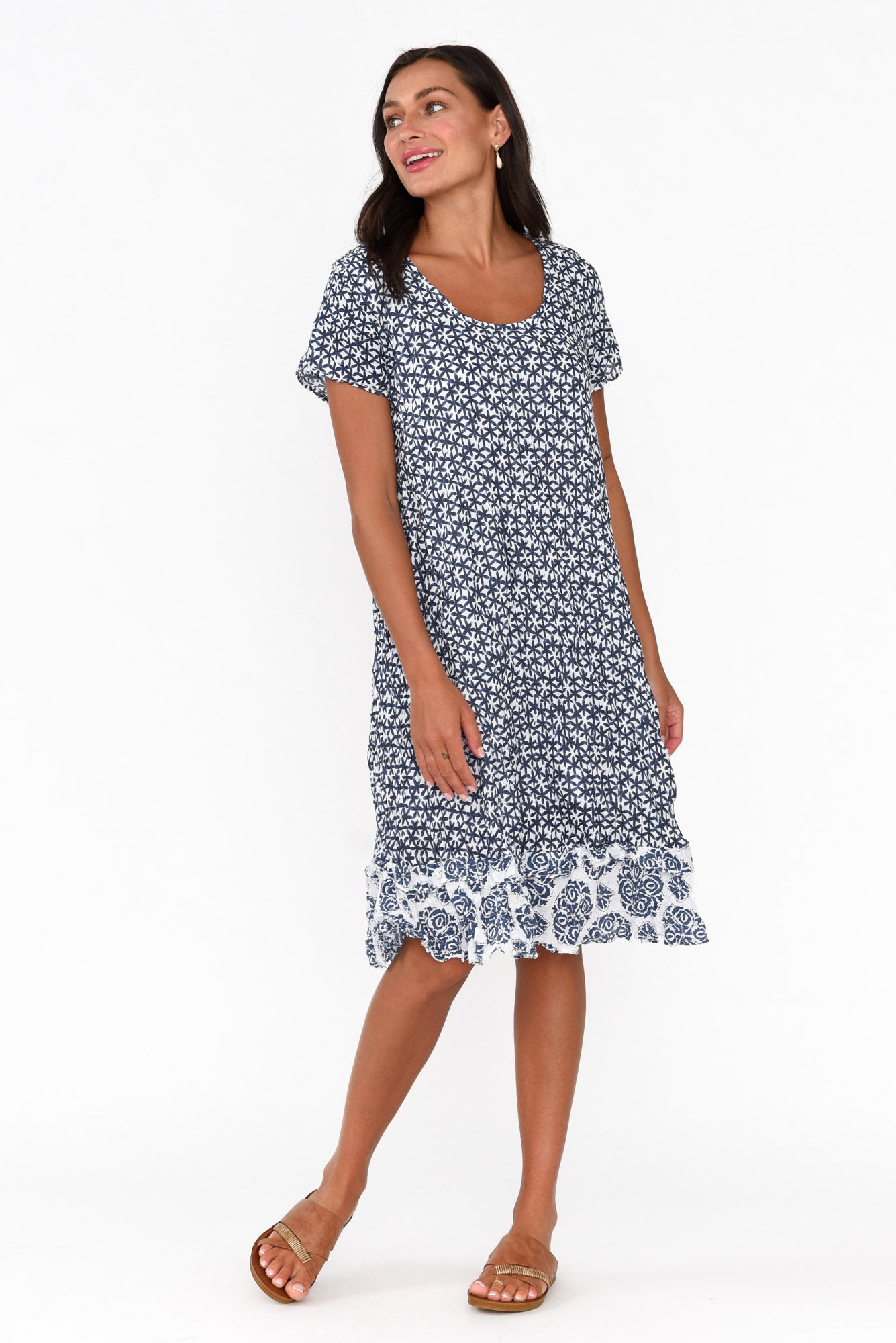 Lauren Navy Flower Crinkle Cotton Dress