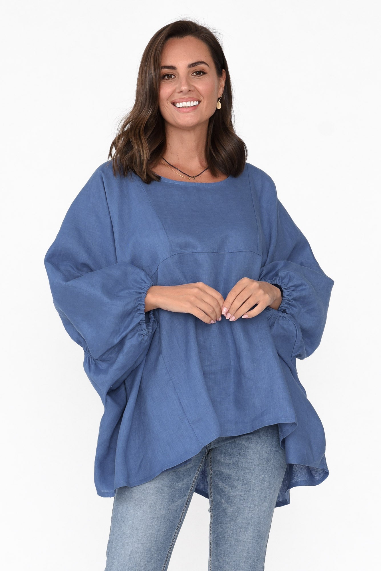 Darla Blue Gathered Sleeve Linen Top
