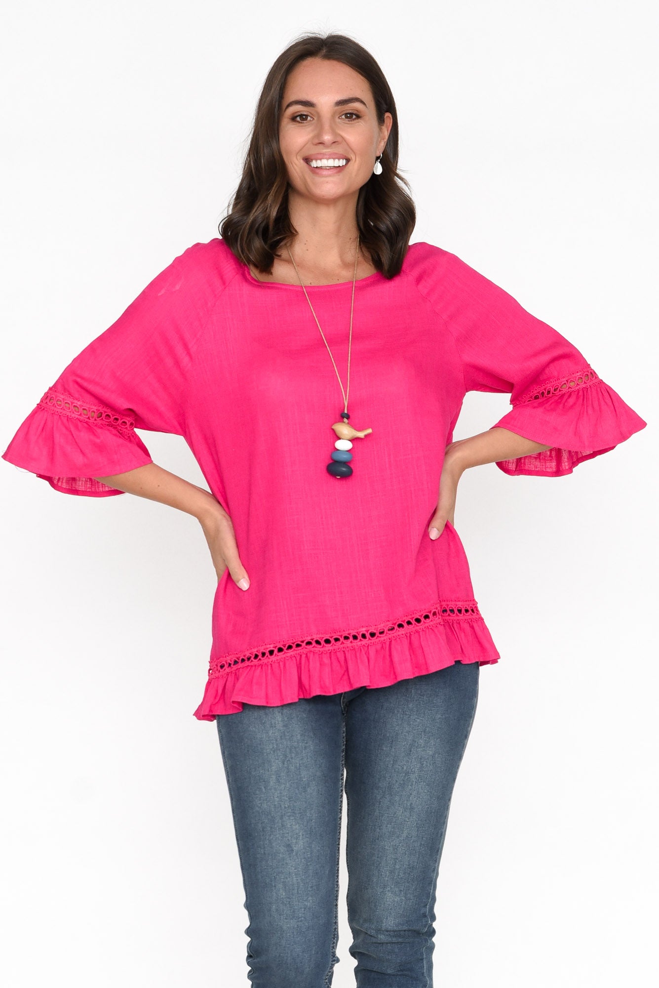 Tinker Hot Pink Linen Cotton Ruffle Top