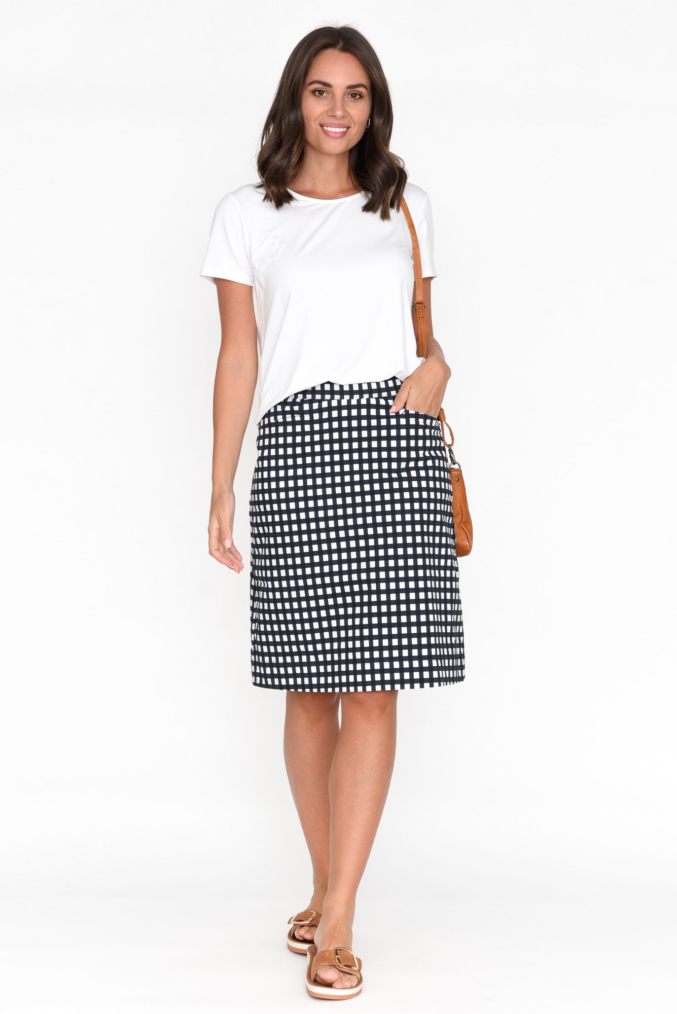 Brynn Navy Check Cotton Blend Skirt