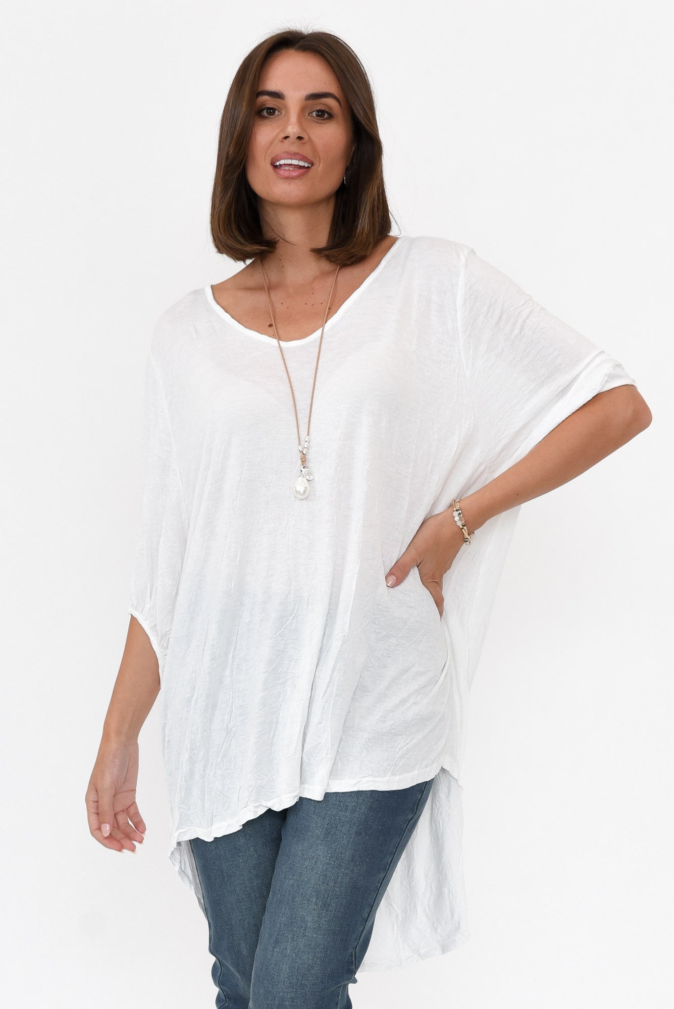 Agnes White Crinkle Cotton Hi Lo Top