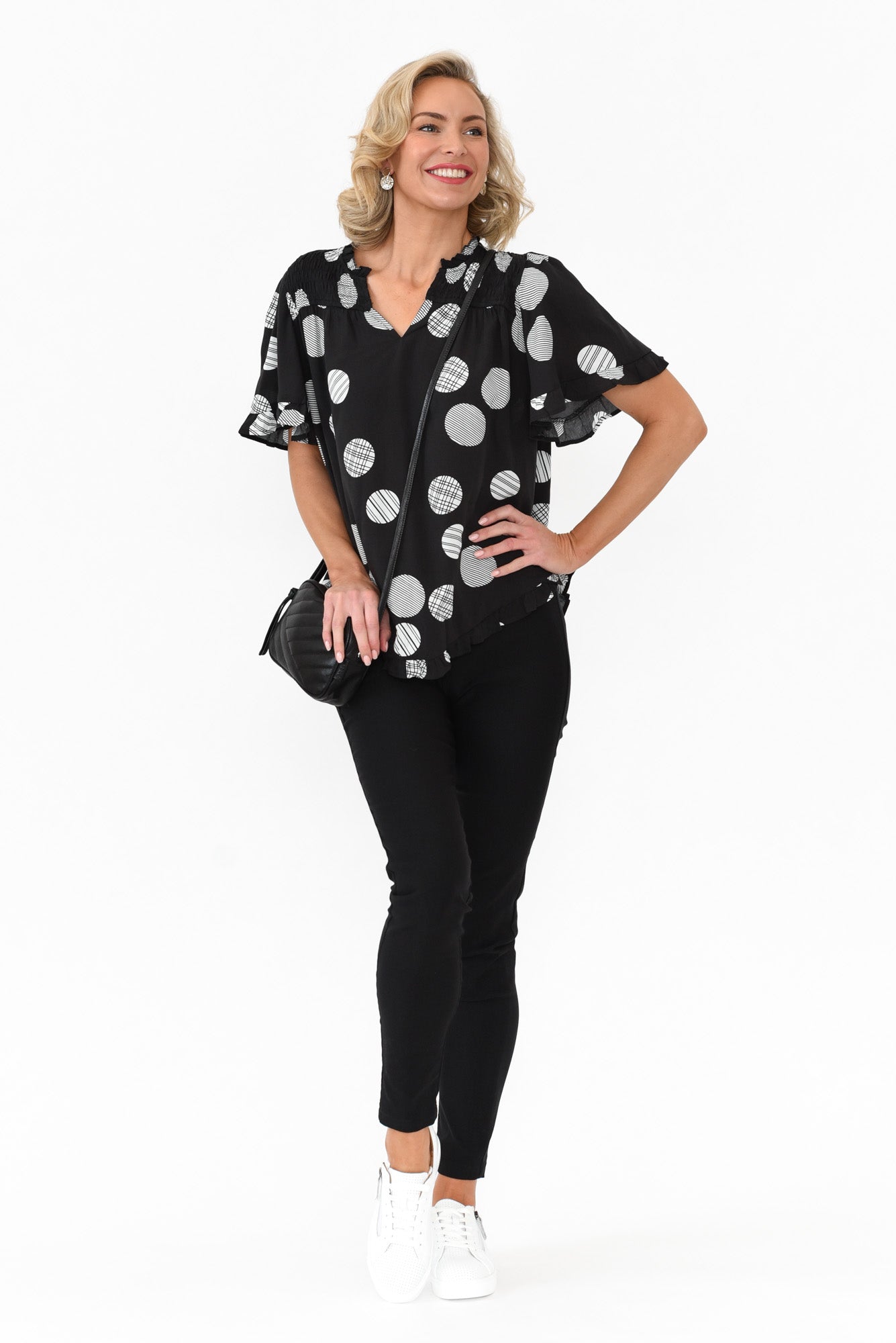 Malika Black Spot Frill Top