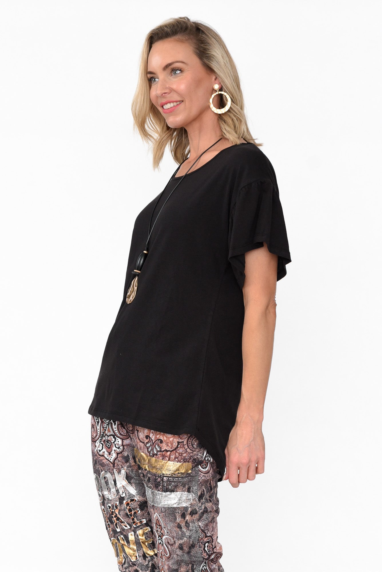 Alessia Black Cotton Blend Frill Top