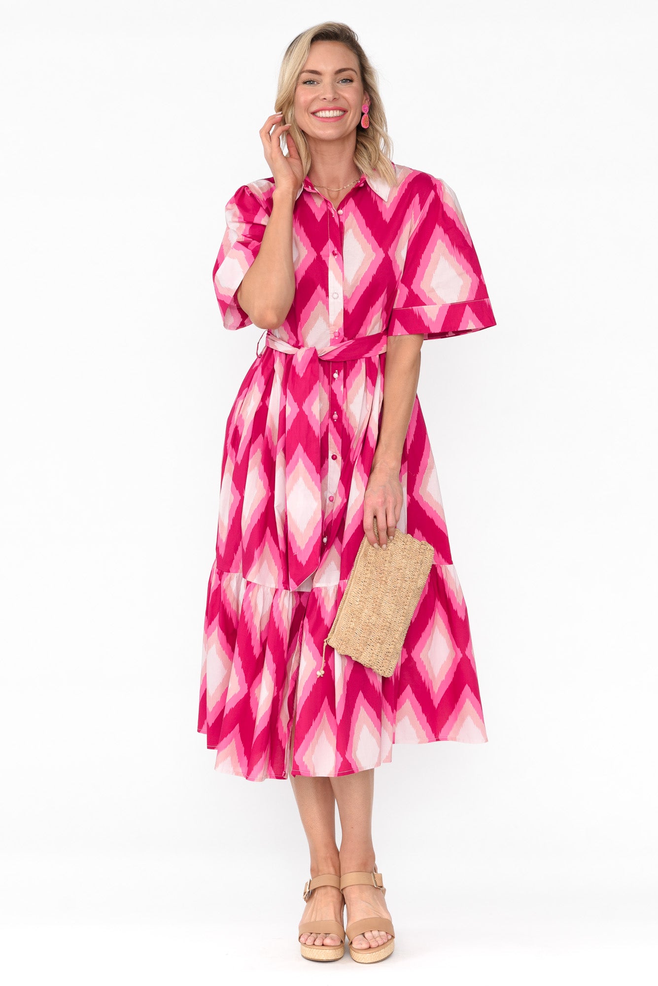 Ladonna Pink Geo Cotton Shirt Dress