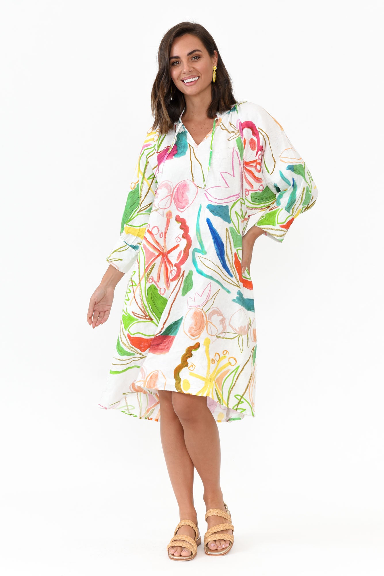 Bacall White Abstract Linen Dress