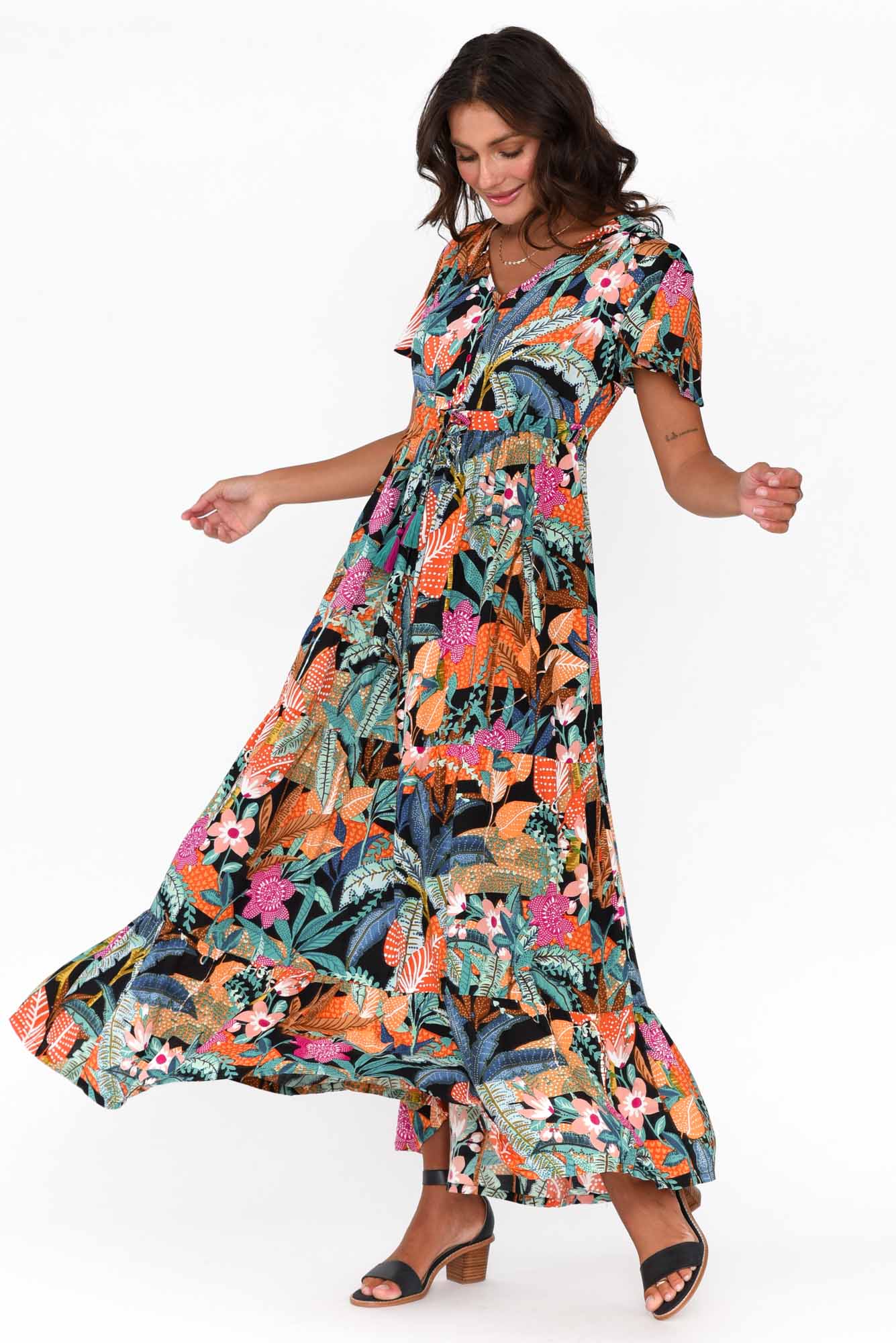 Paphos Black Tropical Tiered Maxi Dress