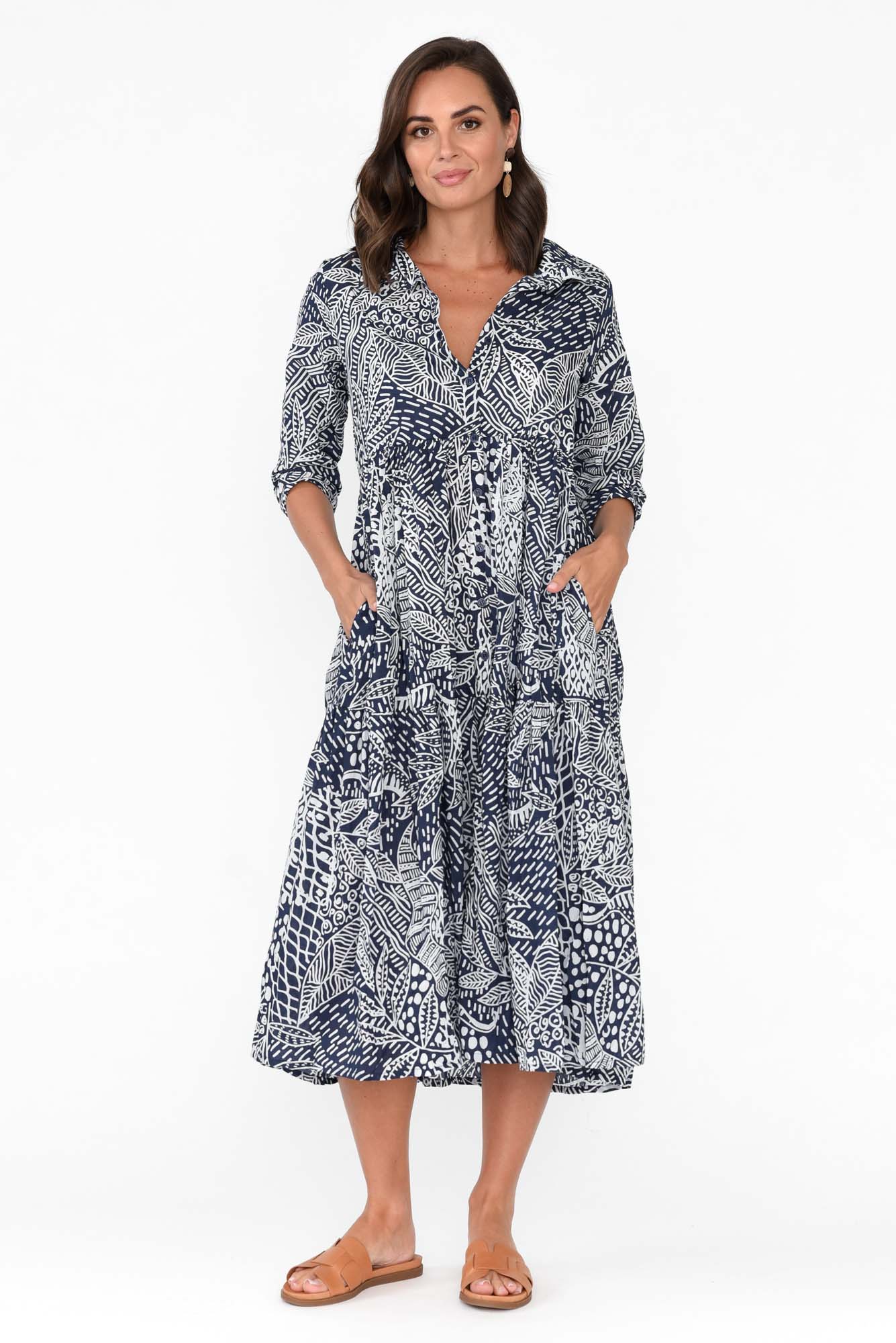 Leros Navy Jungle Organic Cotton Shirt Dress