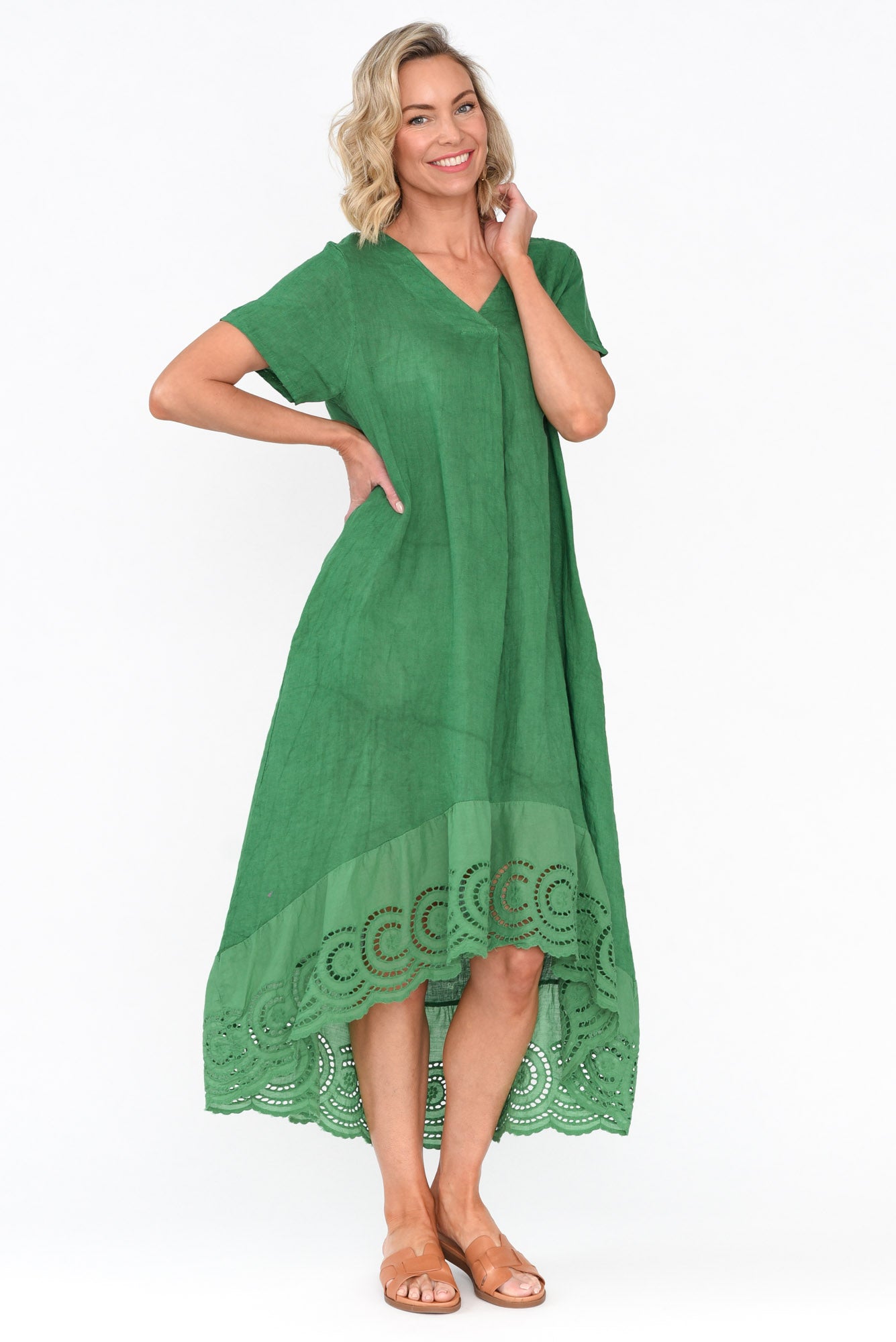 Ravella Green Linen V Neck Dress