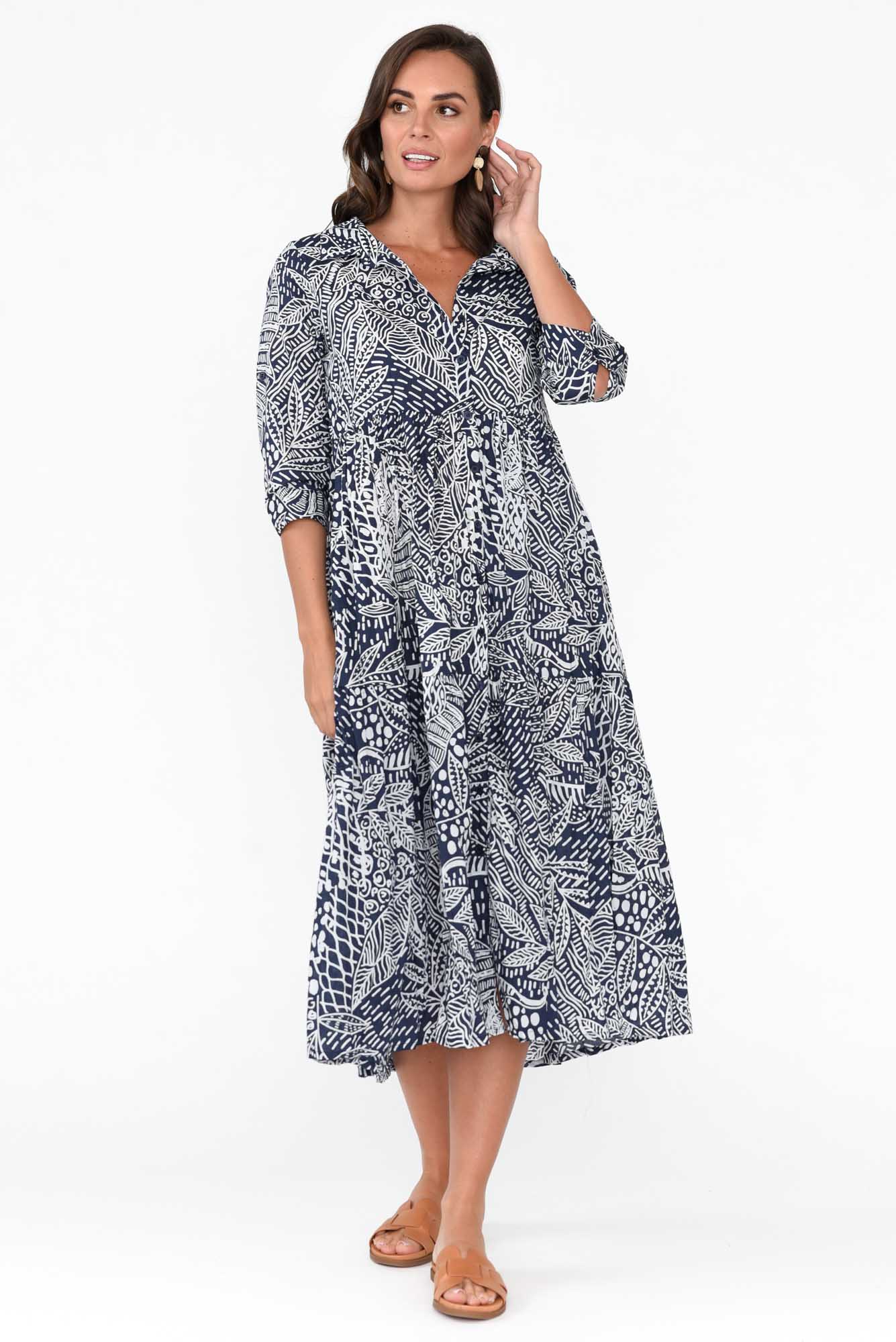 Leros Navy Jungle Organic Cotton Shirt Dress
