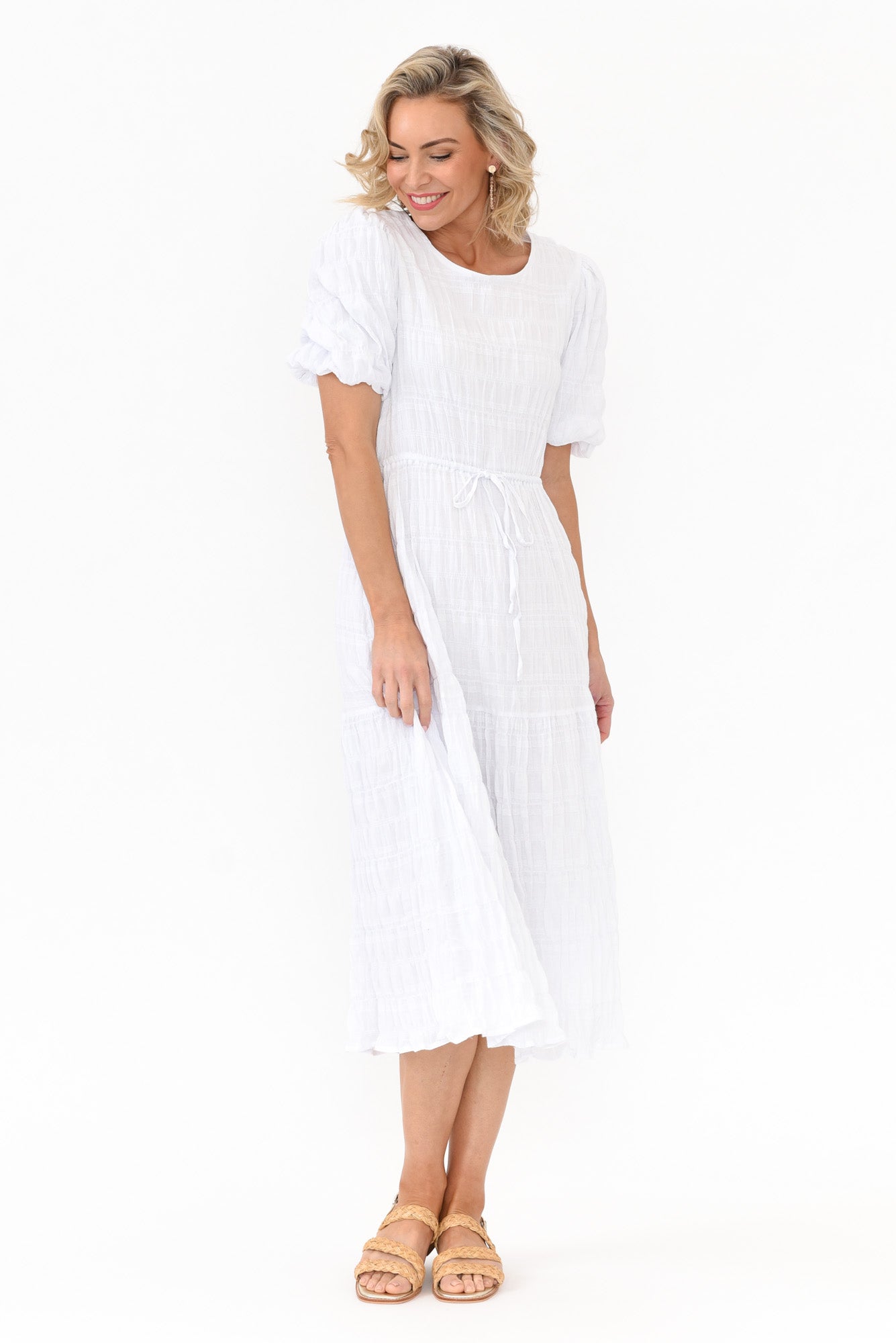 Rava White Cotton Tie Dress