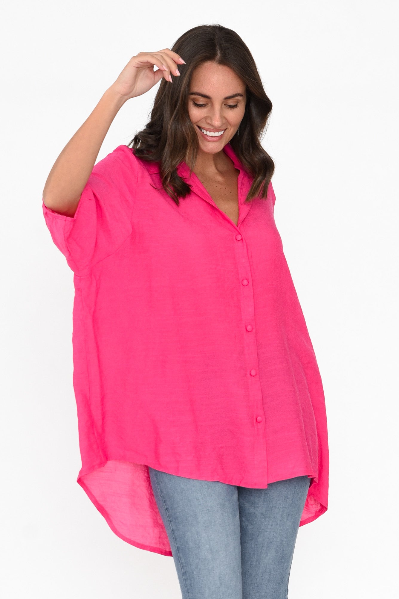 Hot Pink Cotton Blend Hi Lo Shirt