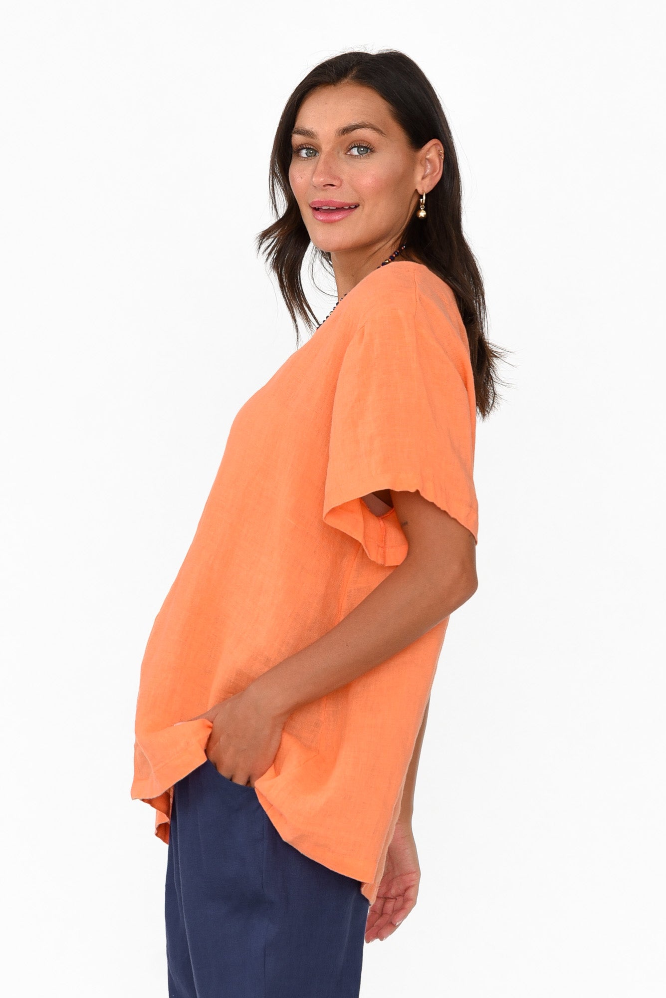 Micah Apricot Linen Scoop Neck Top