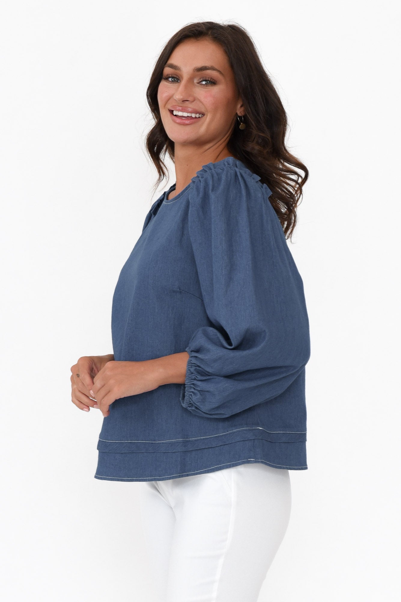 Ferguson Dark Blue Cotton Blend Frill Top