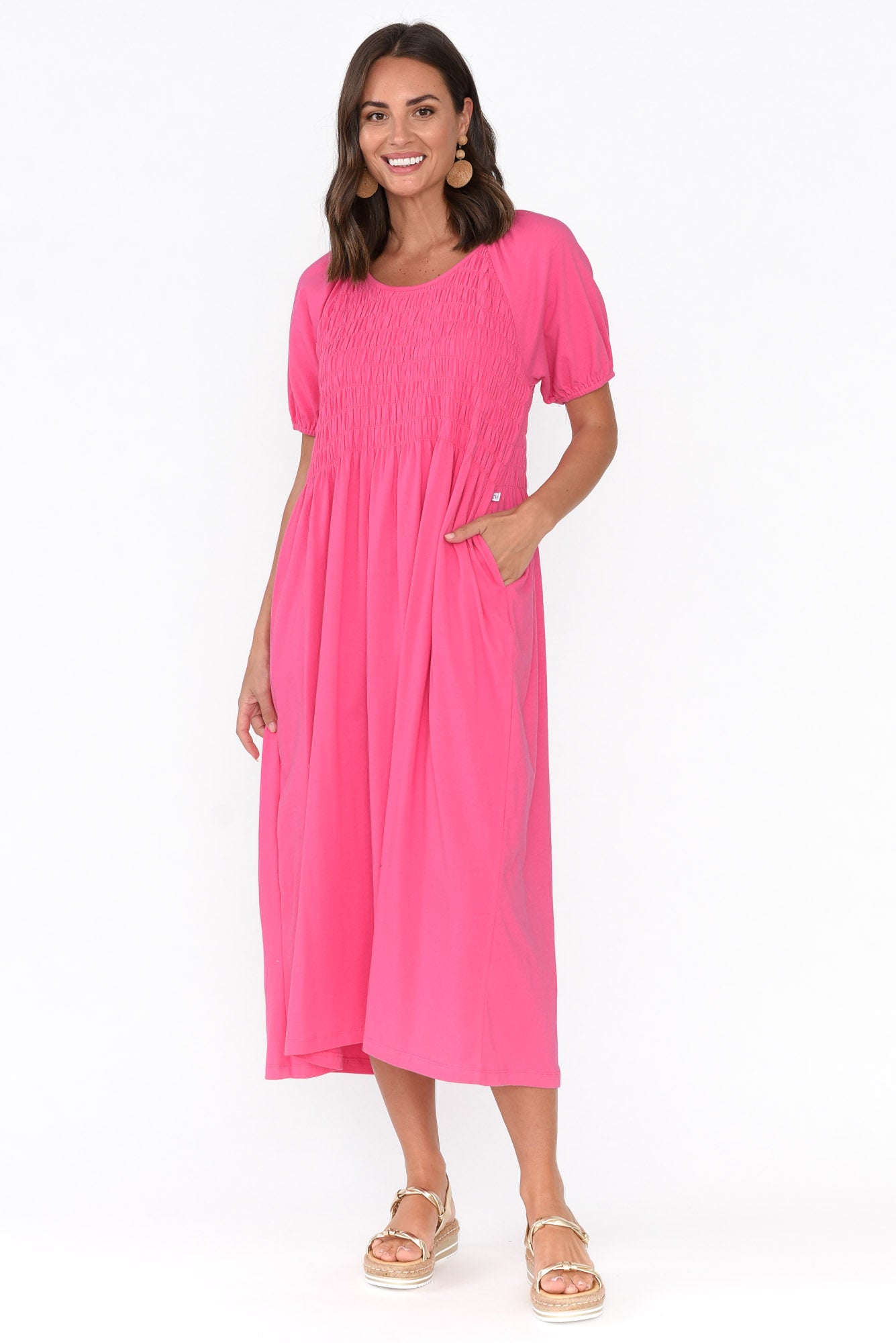Vancouver Pink Cotton Shirred Dress