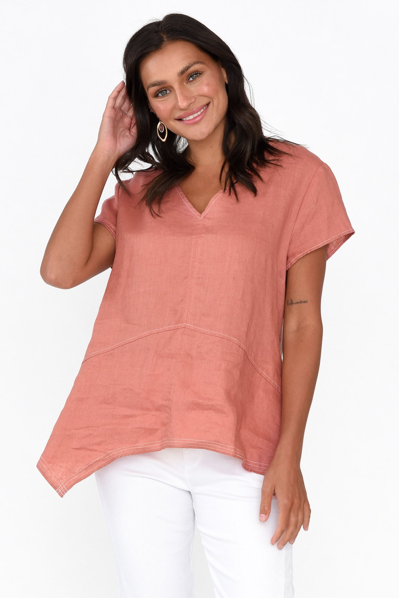 Lindy Rust Linen V Neck Top
