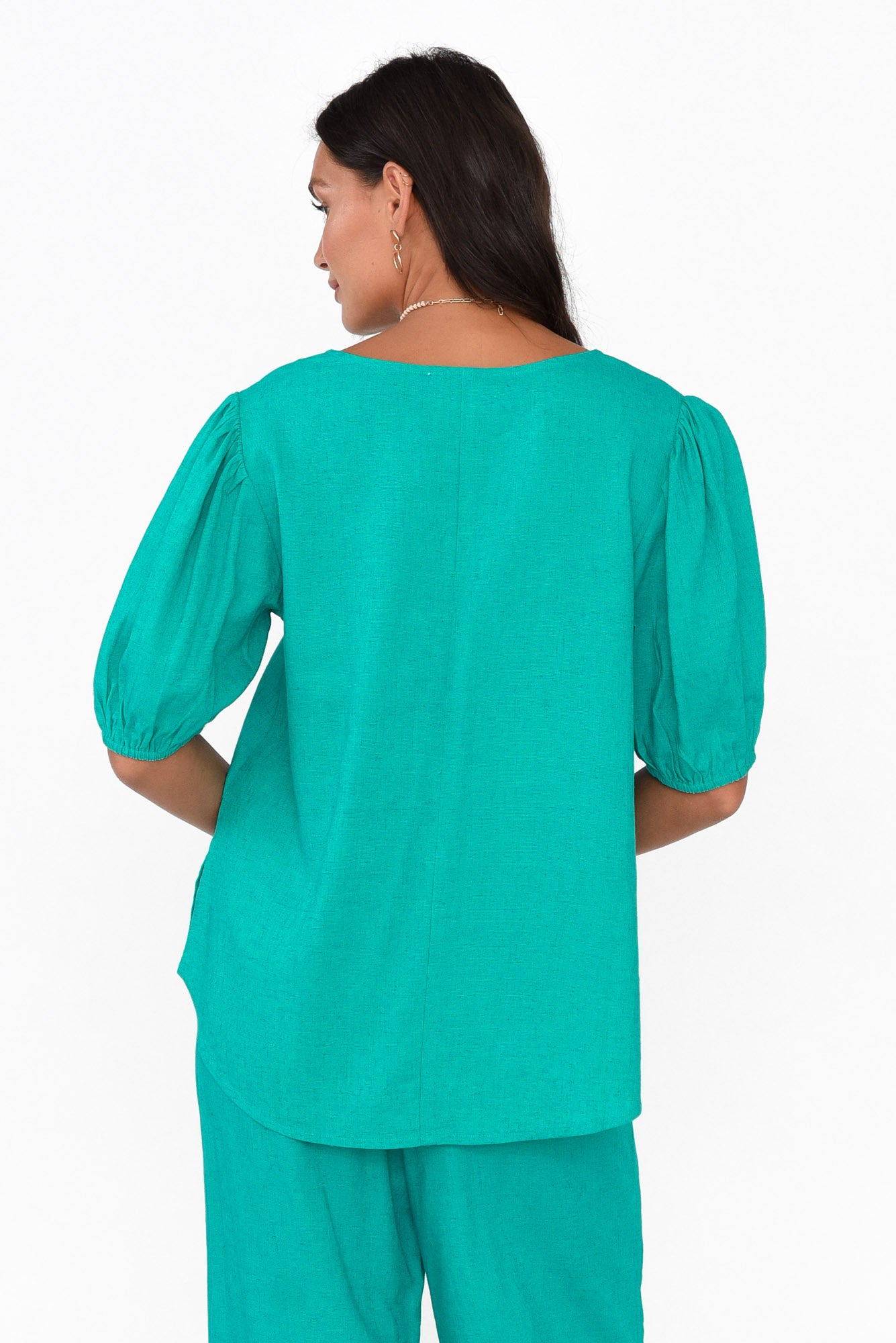 Alba Teal Linen Blend Blouse Top