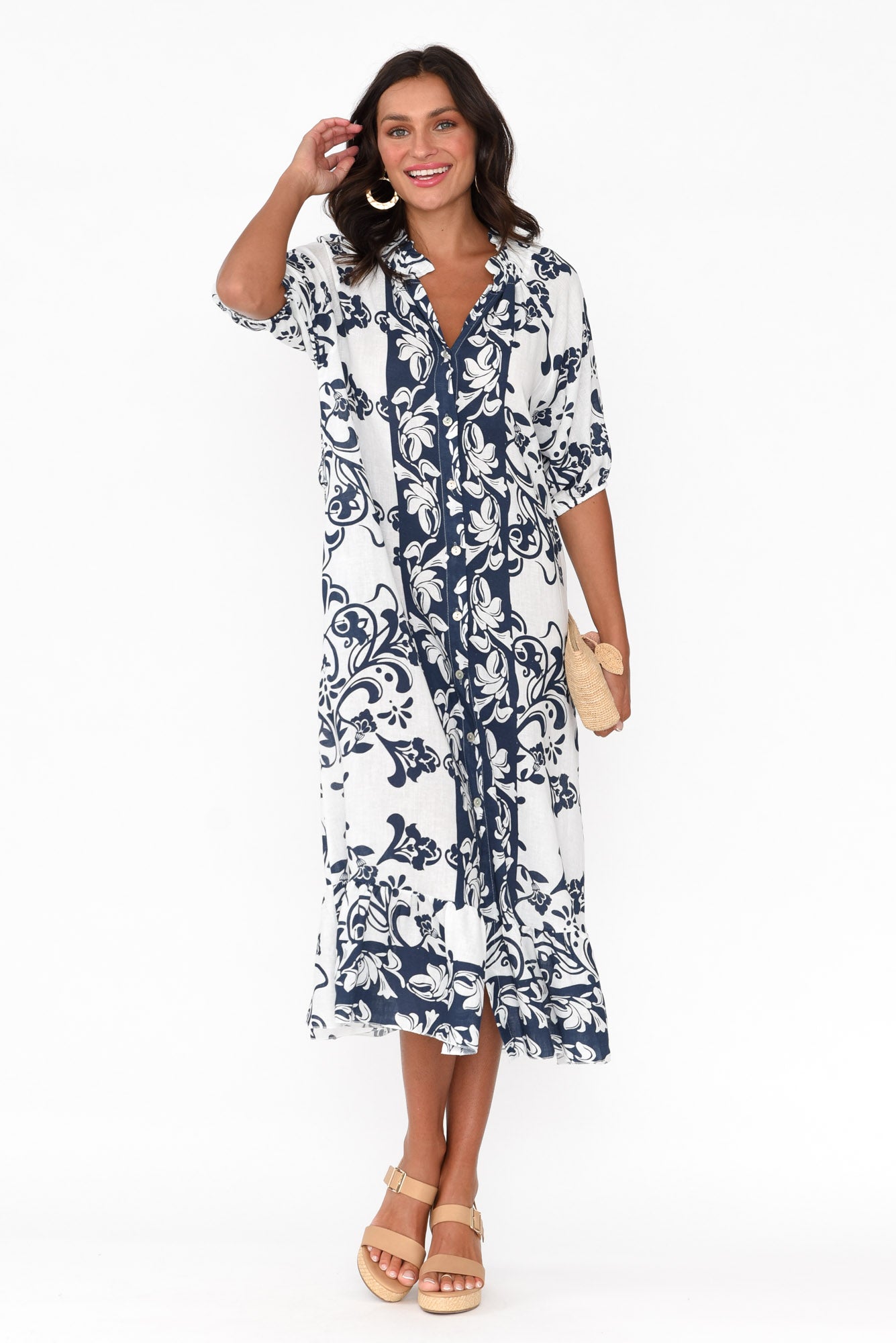 Pascale Navy Floral Linen Cotton Dress