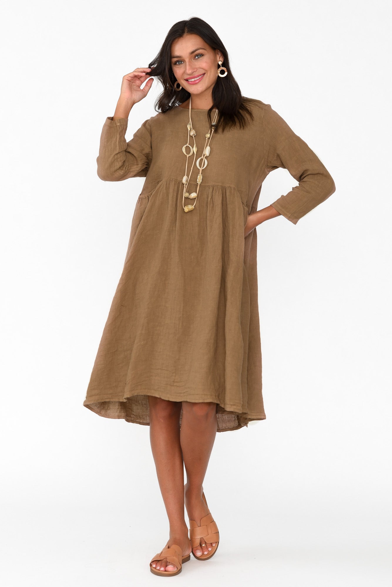 Maybelle Mocha Linen Pocket Dress