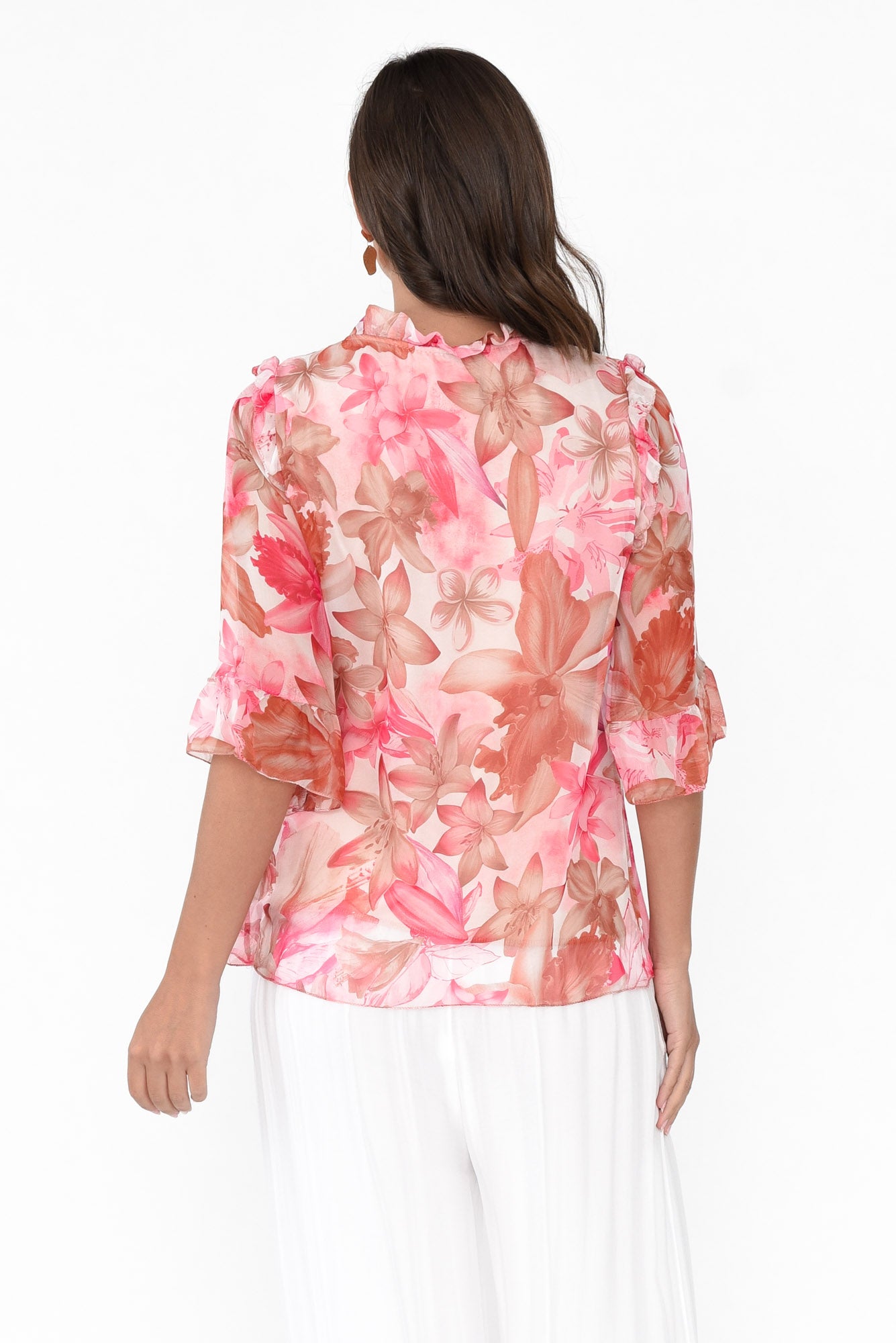 Katrine Peach Hibiscus Ruffle Top