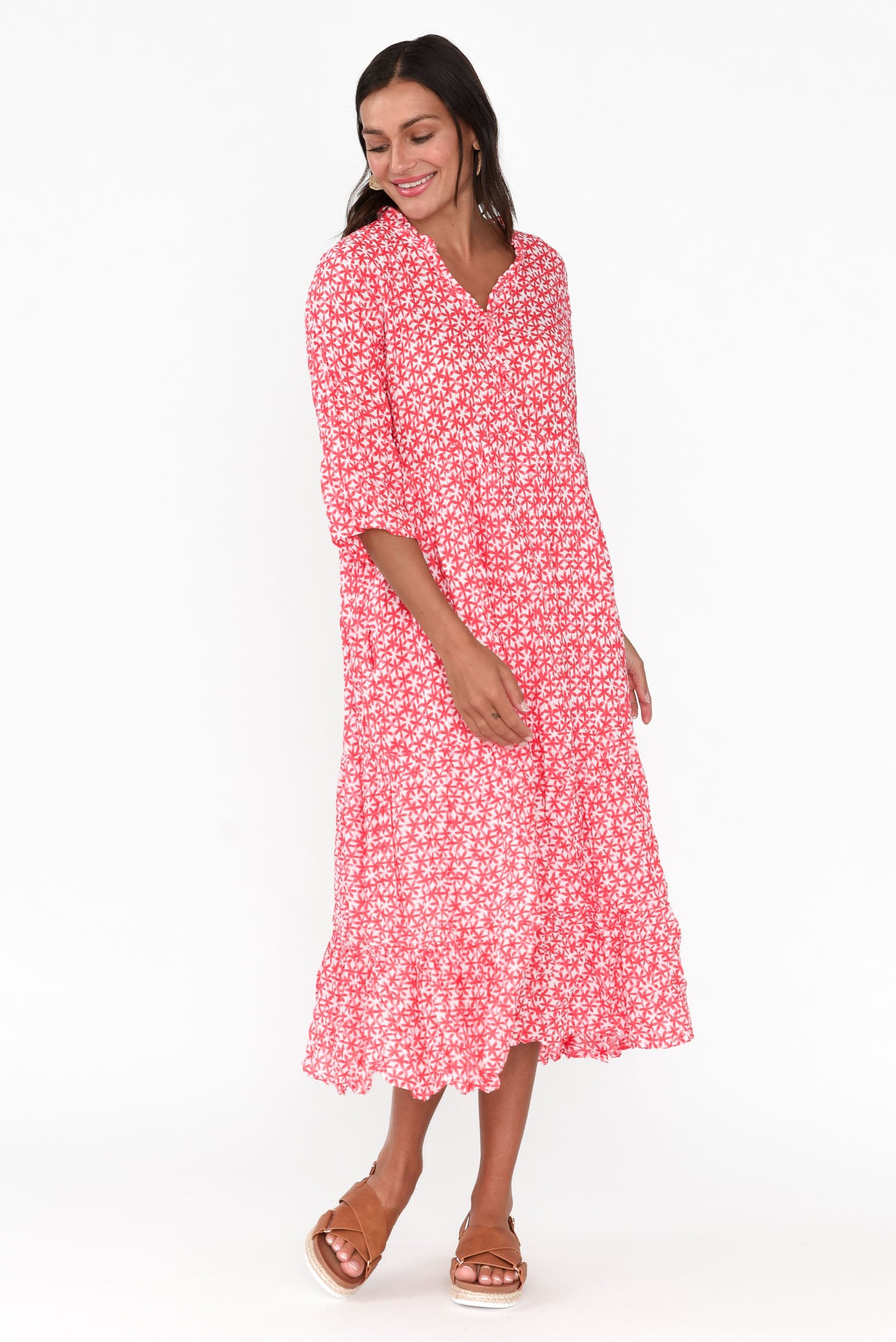 Anniston Red Flower Cotton Tiered Dress