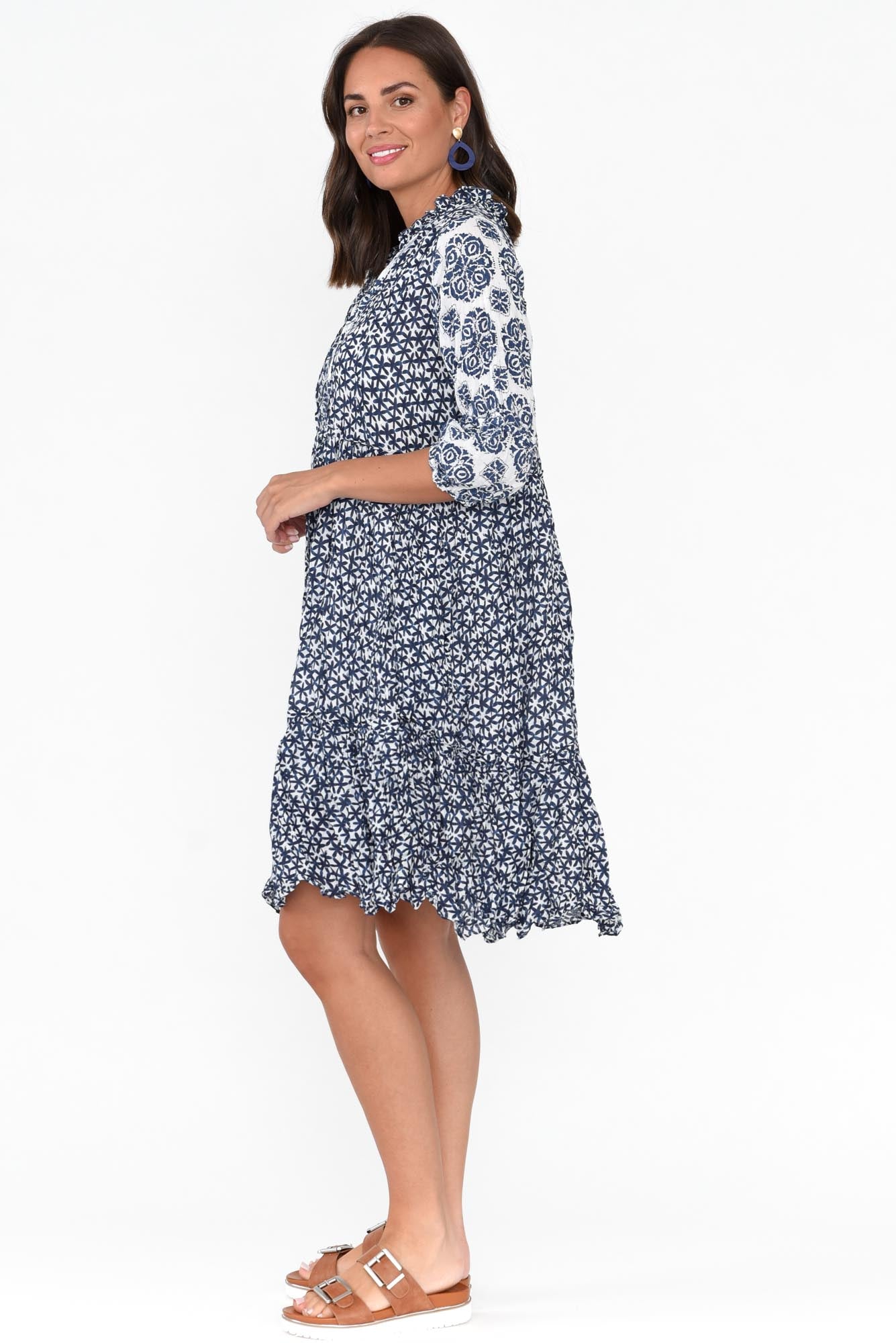 Oakwood Navy Flower Cotton Puff Sleeve Dress