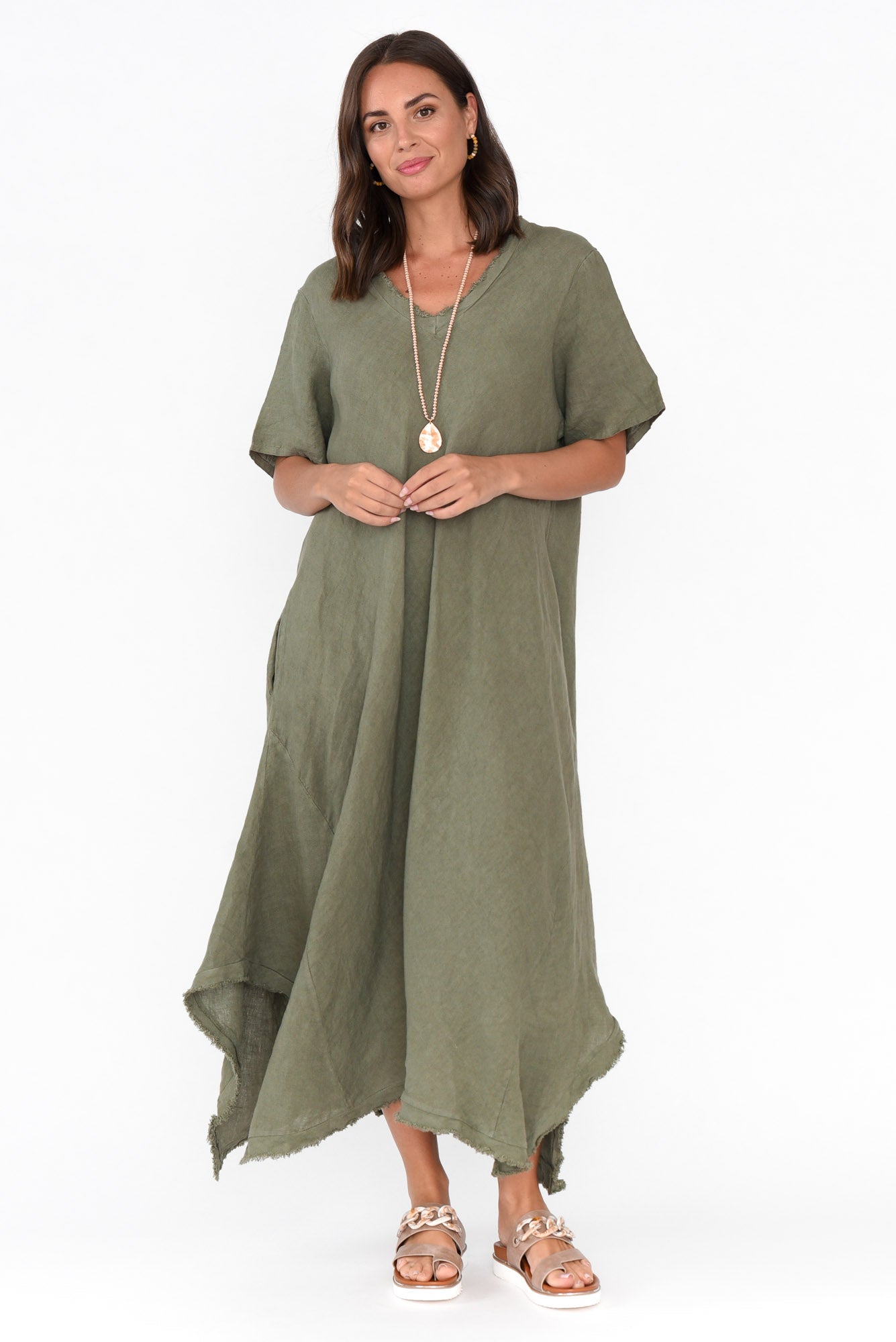 Lacasa Khaki Linen Frayed Dress