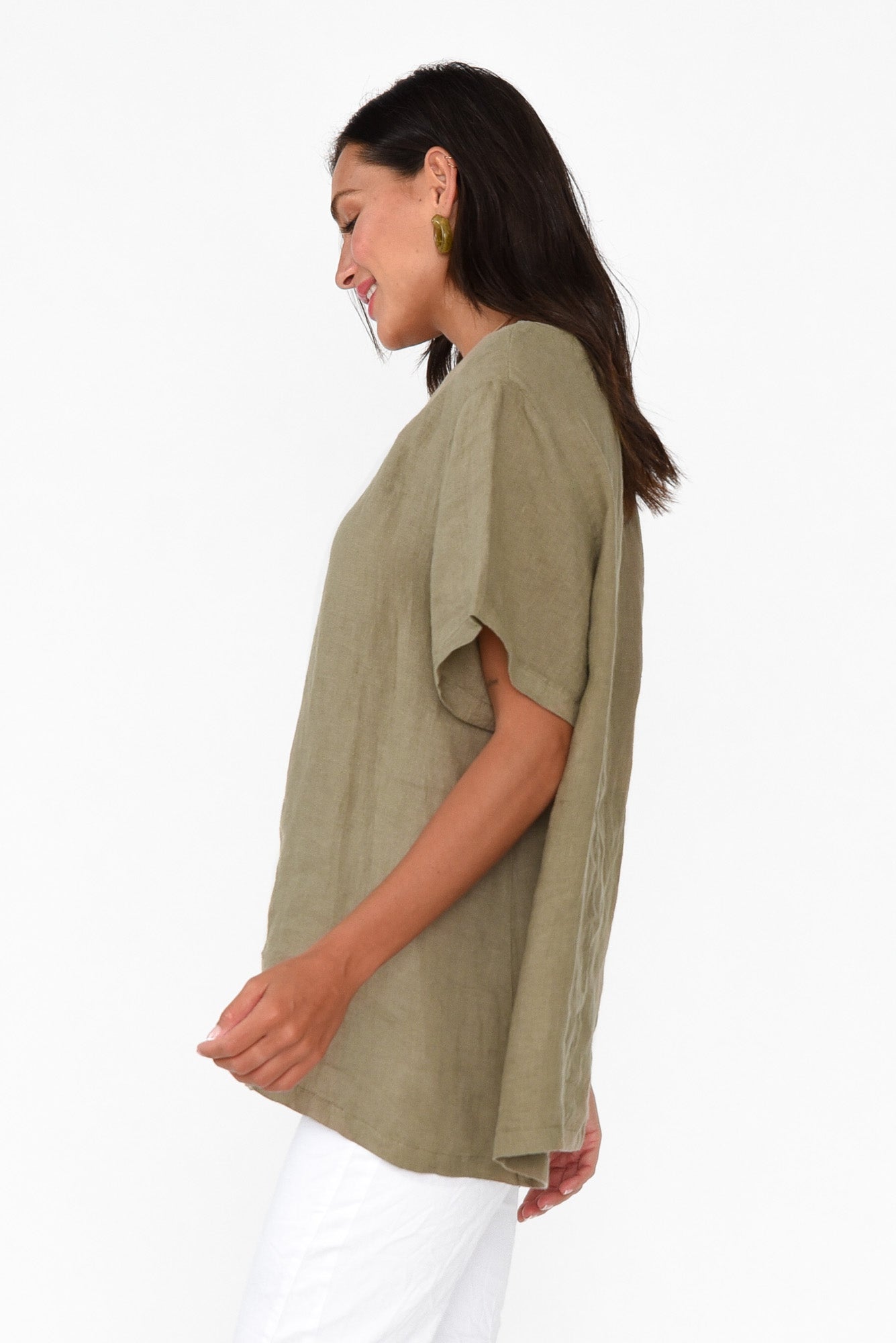 Micah Khaki Linen Scoop Neck Top