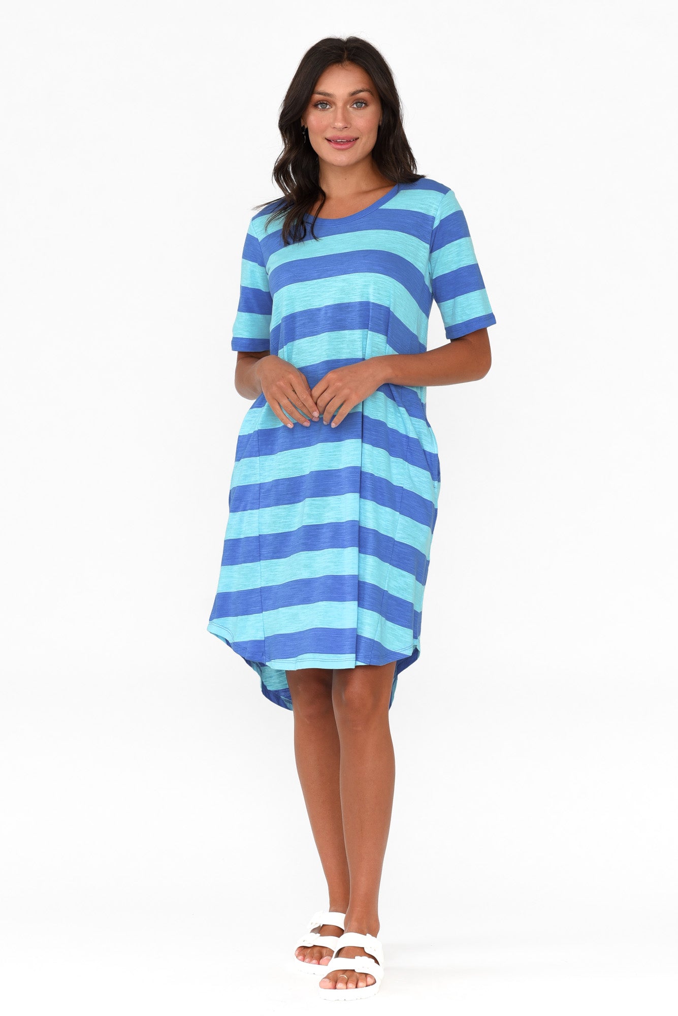 Nyree Aqua Stripe Hi Lo Cotton Dress