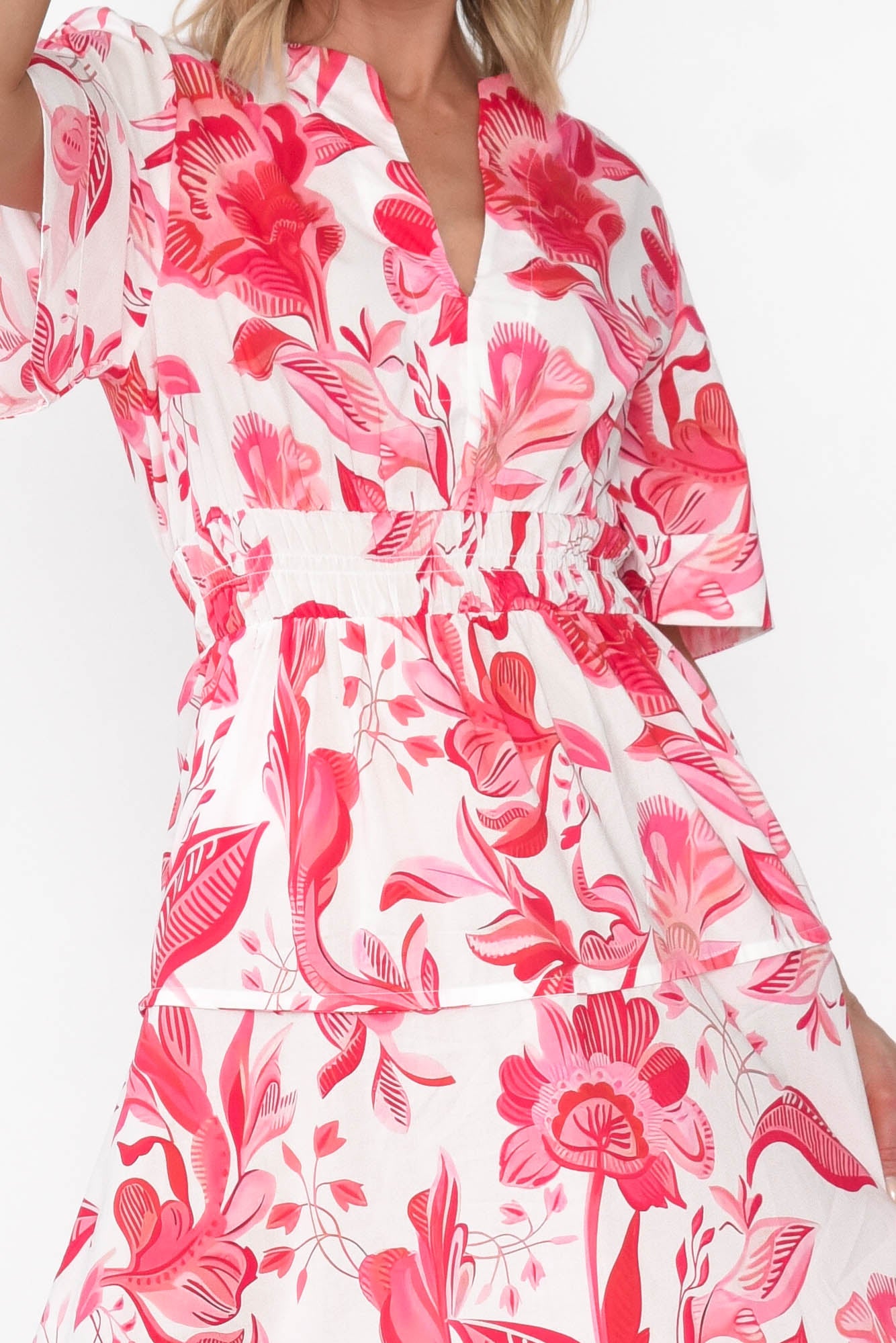 Marinda Pink Floral Cotton V Neck Dress