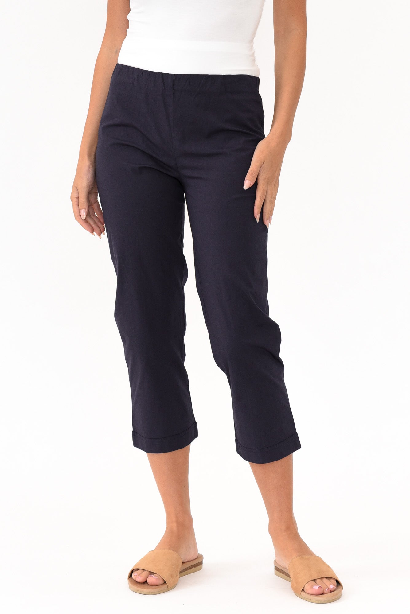 Zara Navy Cotton Cropped Stretch Pant