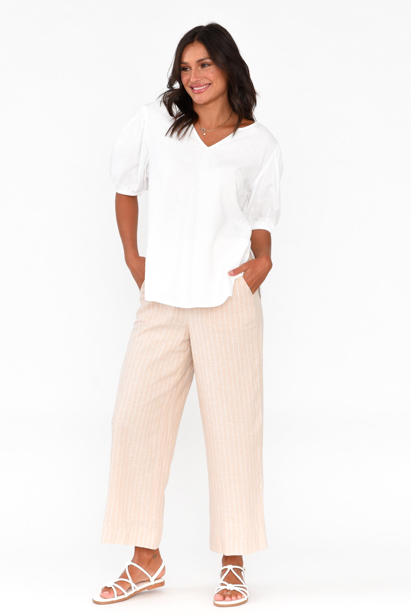 Alba White Linen Blend Blouse Top