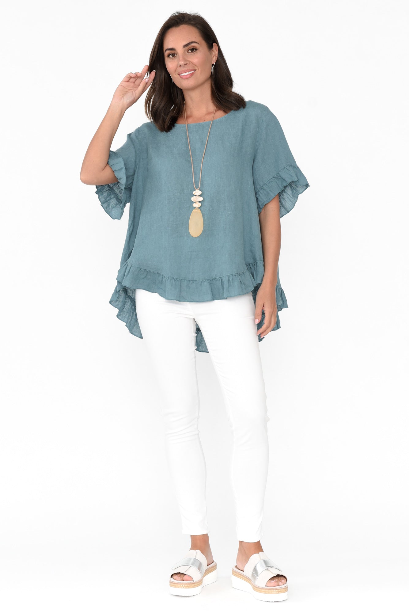 Genevieve Blue Linen Frill Top