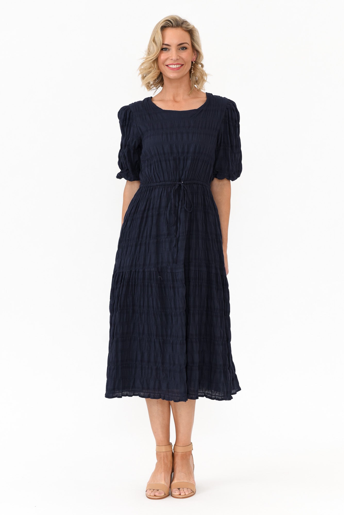 Rava Navy Cotton Tie Dress