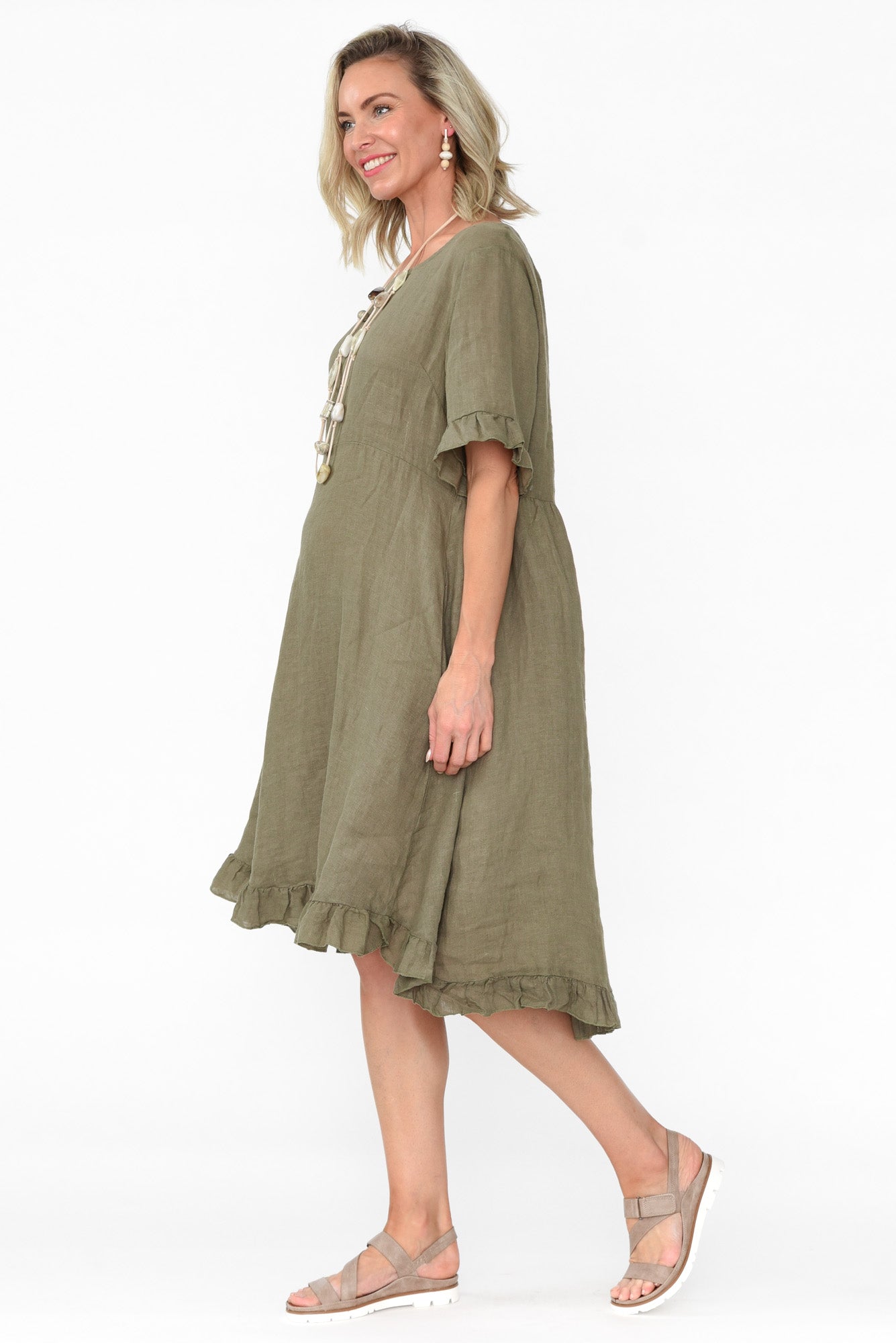 Elodie Khaki Linen Frill Dress