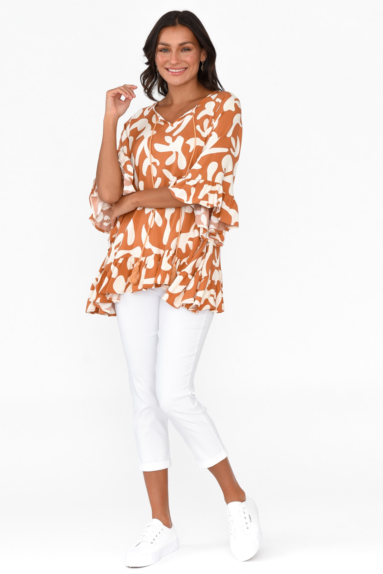Chase Rust Abstract Tassel Ruffle Top