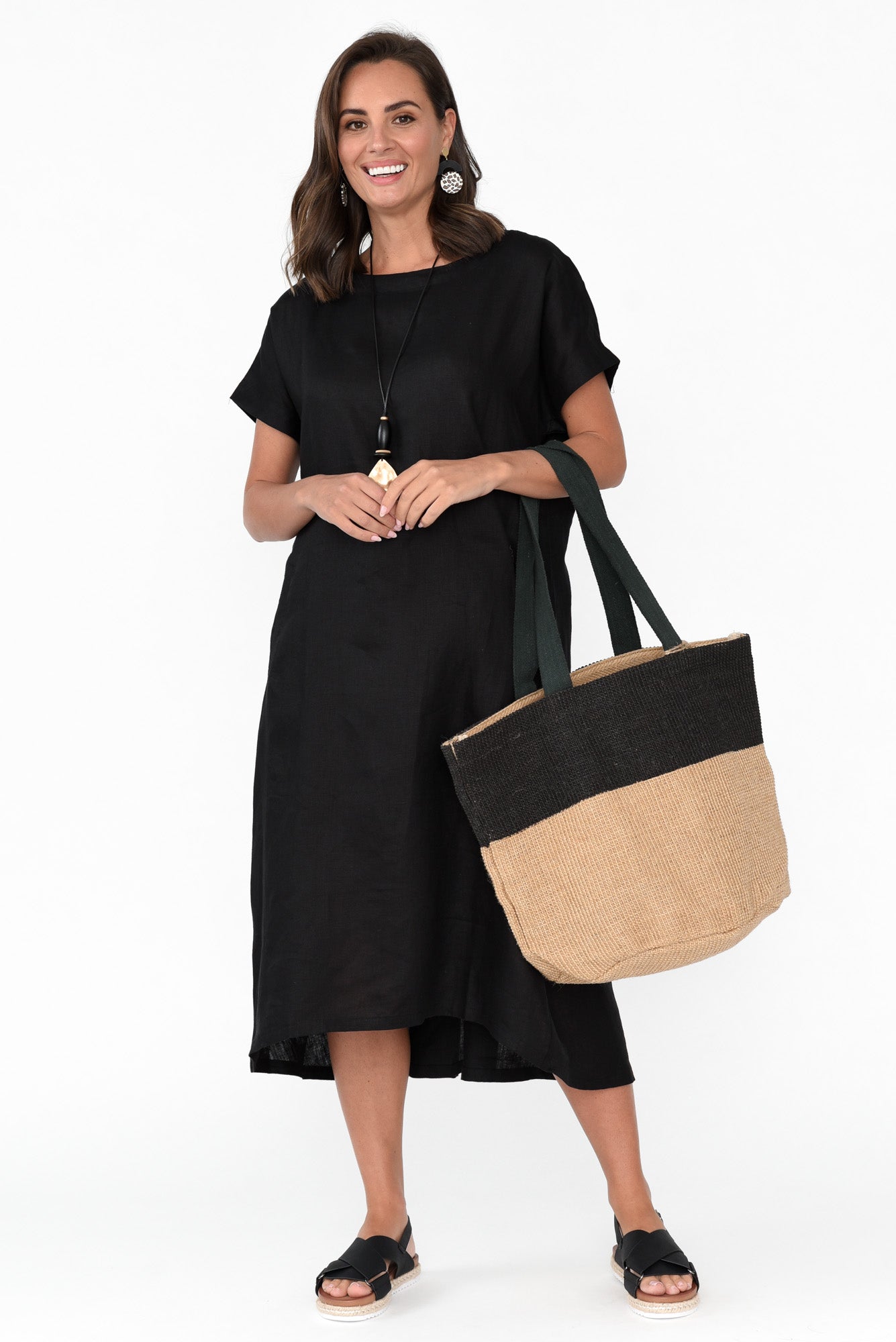 Zeffie Black Linen Pocket Dress