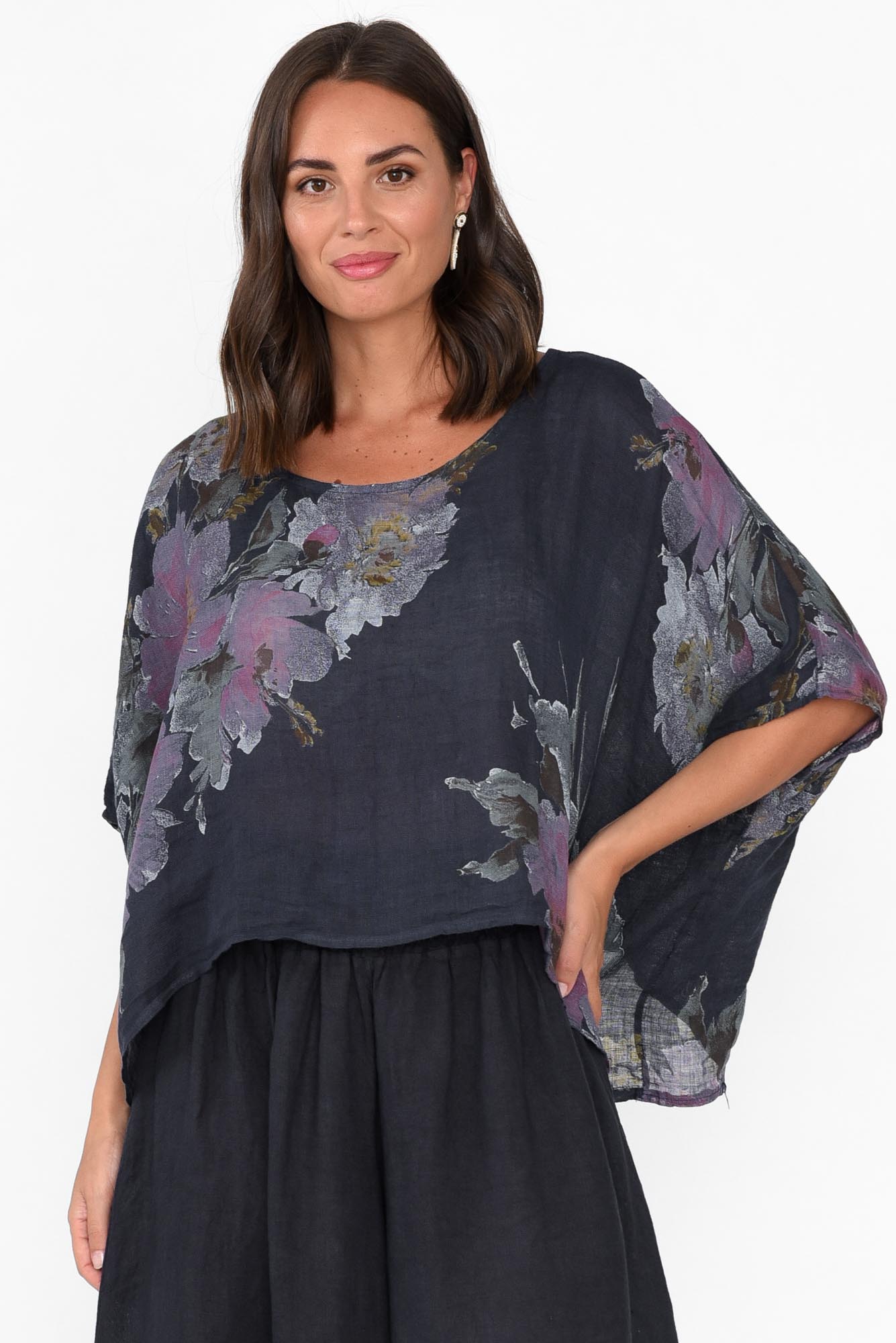 Turner Navy Floral Linen Scoop Neck Top