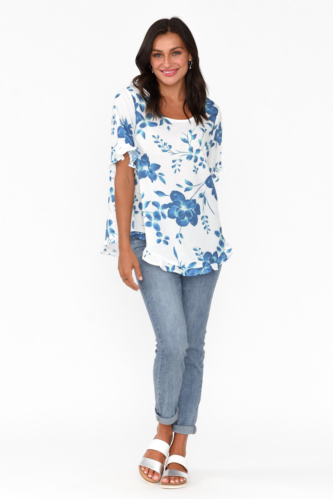 Perrin Blue Floral Ruffle Top