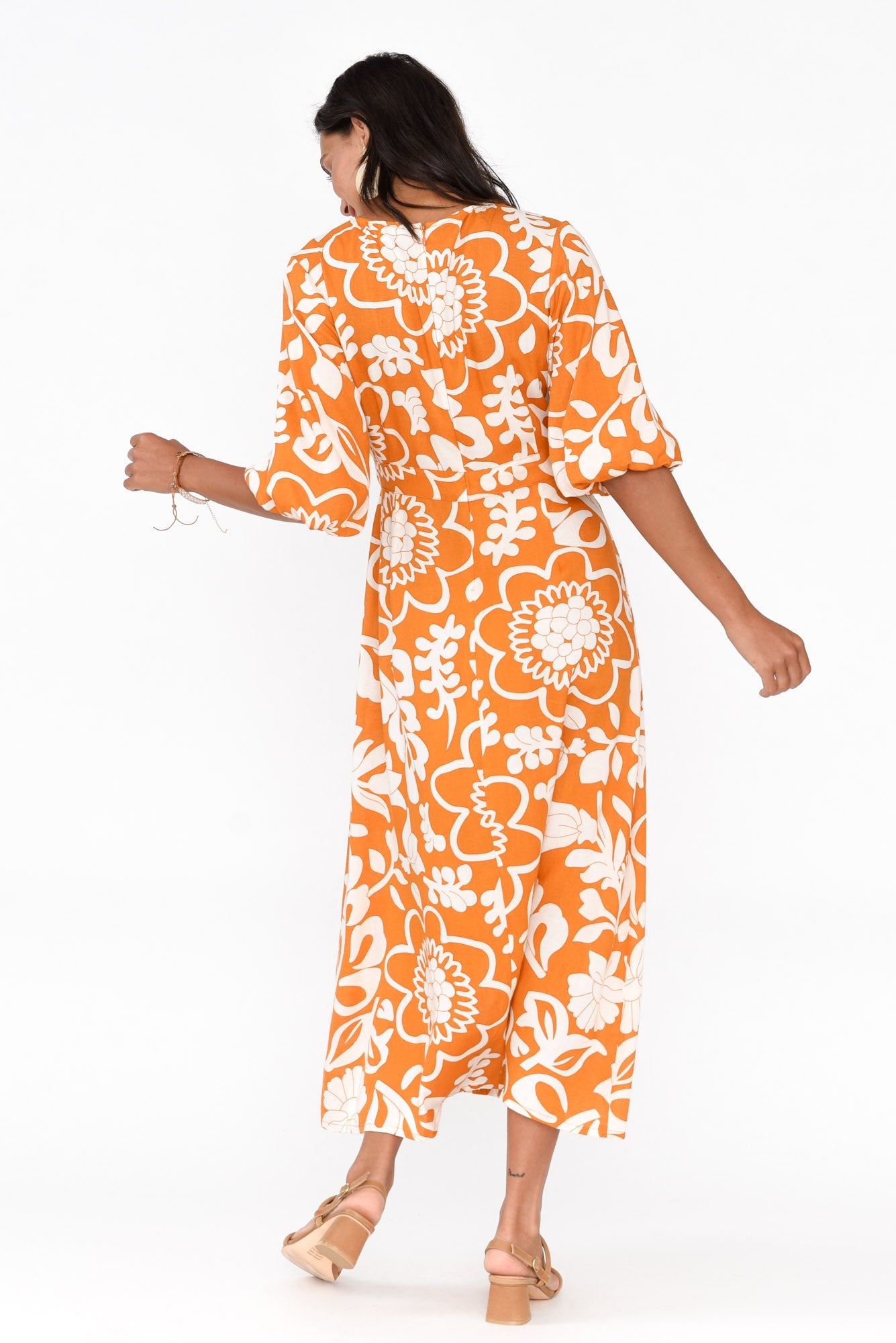 Ava Orange Garden Puff Sleeve Dress