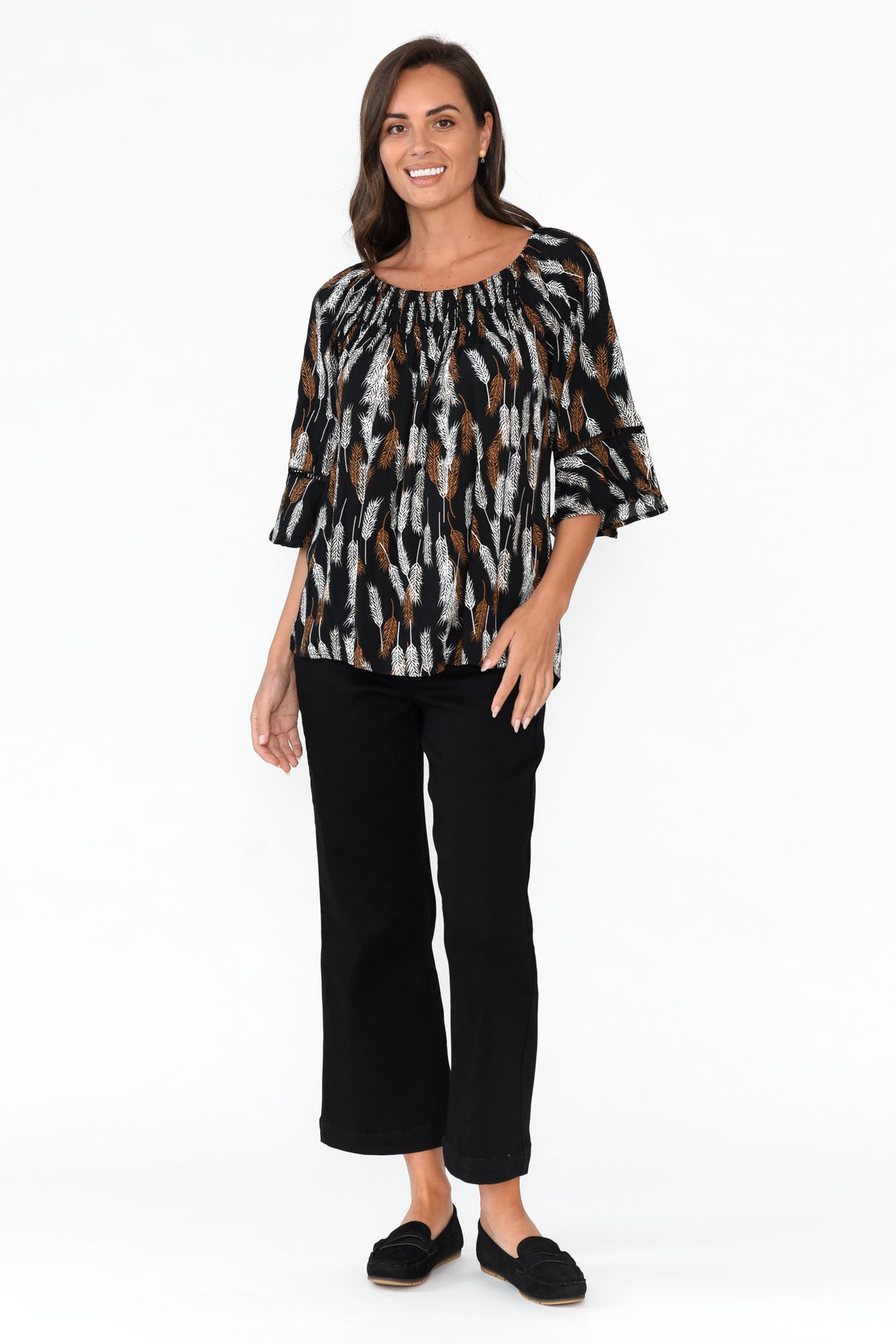 Welda Black Leaf Frill Top