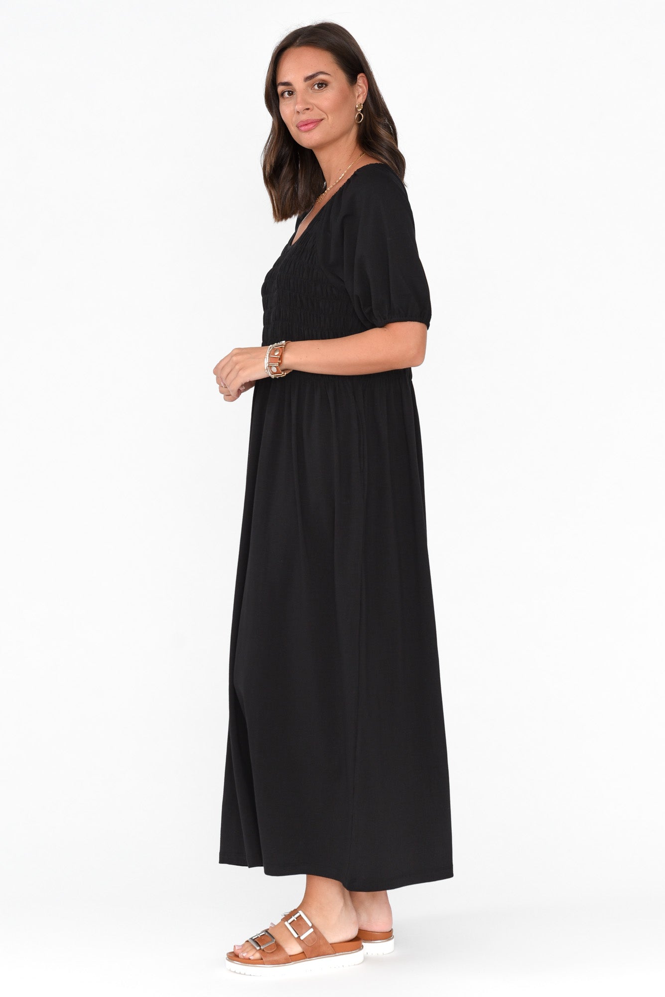 Vancouver Black Cotton Shirred Dress