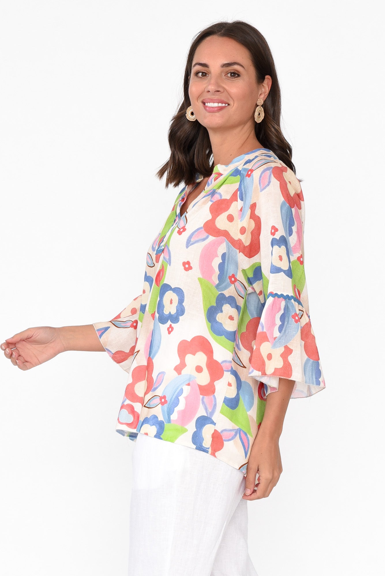 Wilda Blue Floral Linen Cotton Top