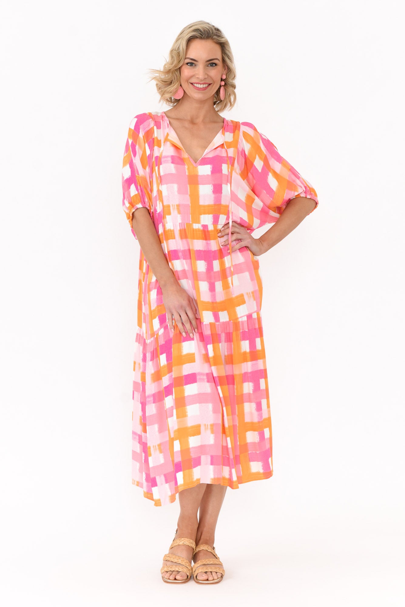 Rima Pink Check Midi Dress